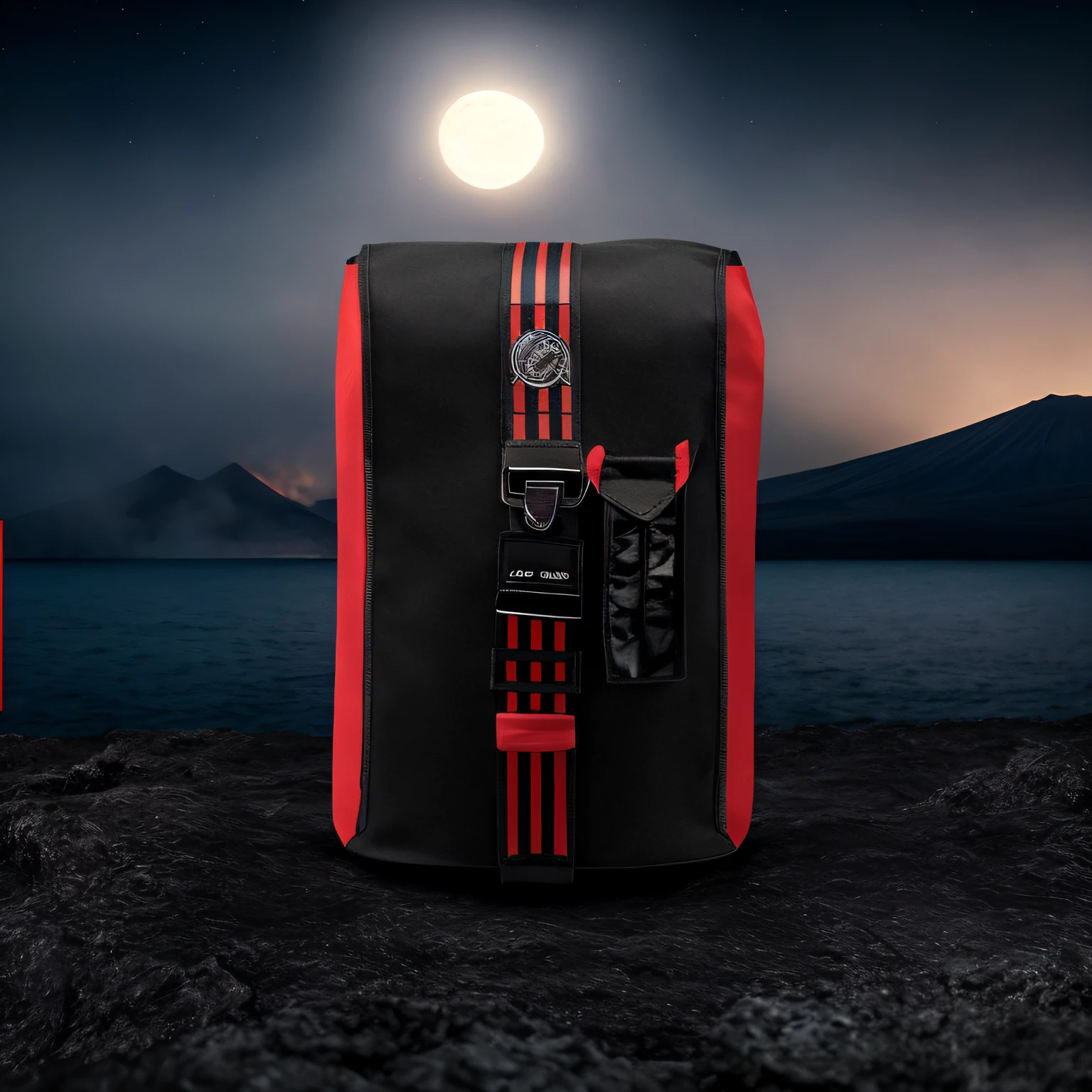 there is a black bag with a red and white stripe on it, official product photo, medium shot taken from behind, official product image, bottom - view, detailed product photo, complete body view, n 7 armor, close establishing shot, # 2 2 3 3 e 6, code, black main color, product photo, top view, front side full, wide view, island background, active volcano on the right side, moon on the left, dark skies, photorealistic landscape, active volcano on the right side with hot lava and smoke, lava coming out of the volcano, HDR photo, lava erupting in to the sky