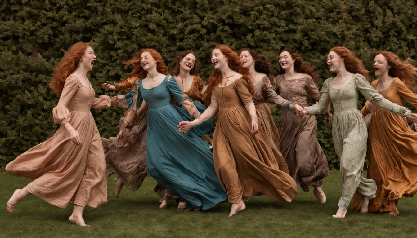 Drawing of a group of dancing in the forest, Sandro Botticelli style, Botticelli style, Botticelli, By Botticelli's Style Blend, Boticelli, Inspired by Sandro Botticelli, by Sandro Botticelli, Renaissance painting」, Renaissance art, In the style of Sandro Botticelli, In a style that combines Botticelli、medieval times
