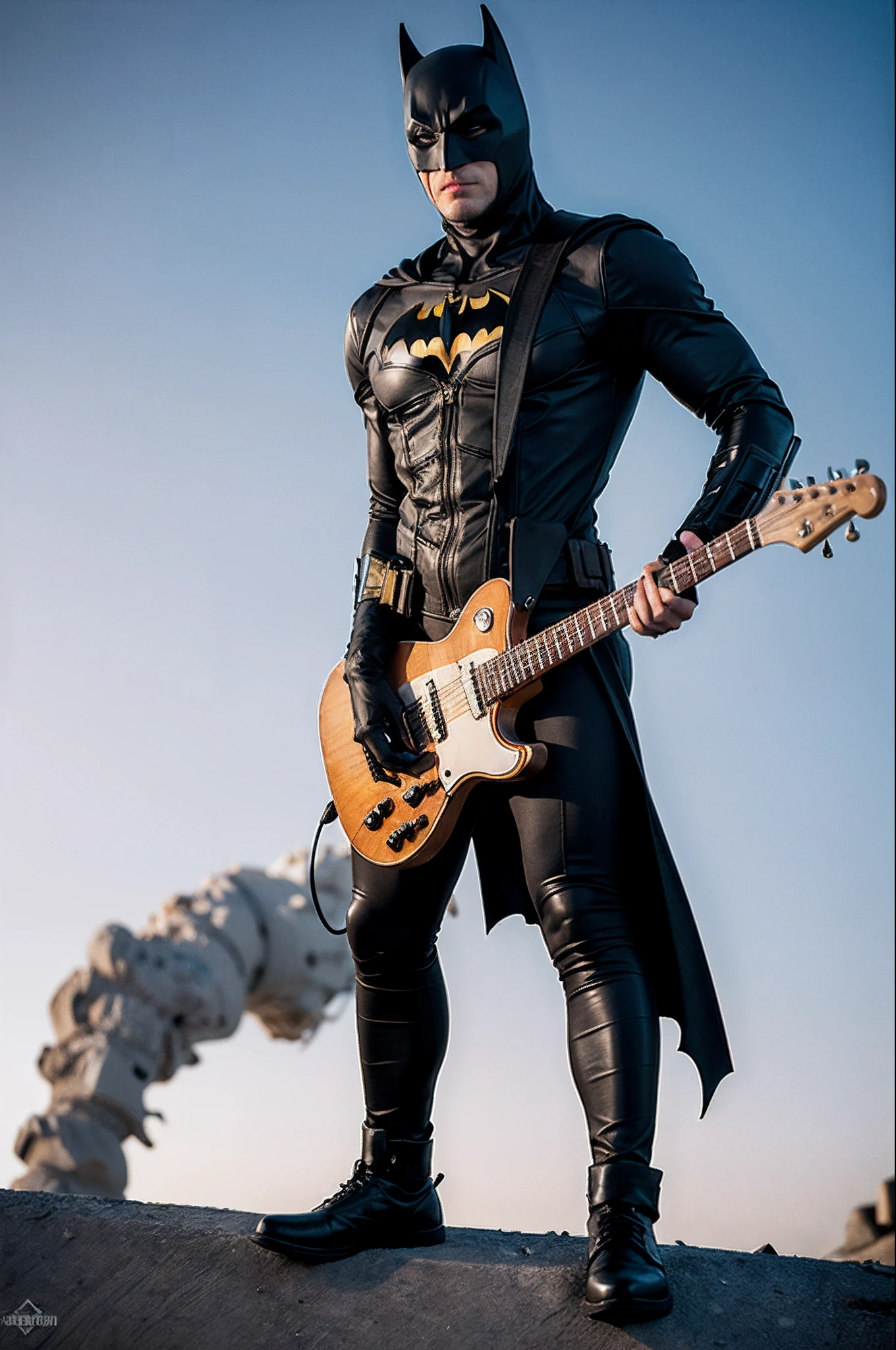 1male, Batman with a guitar, Standing, Adult, Slim, buzz cut, Punk Man, Mad Max, (disheveled clothes: 1.4),