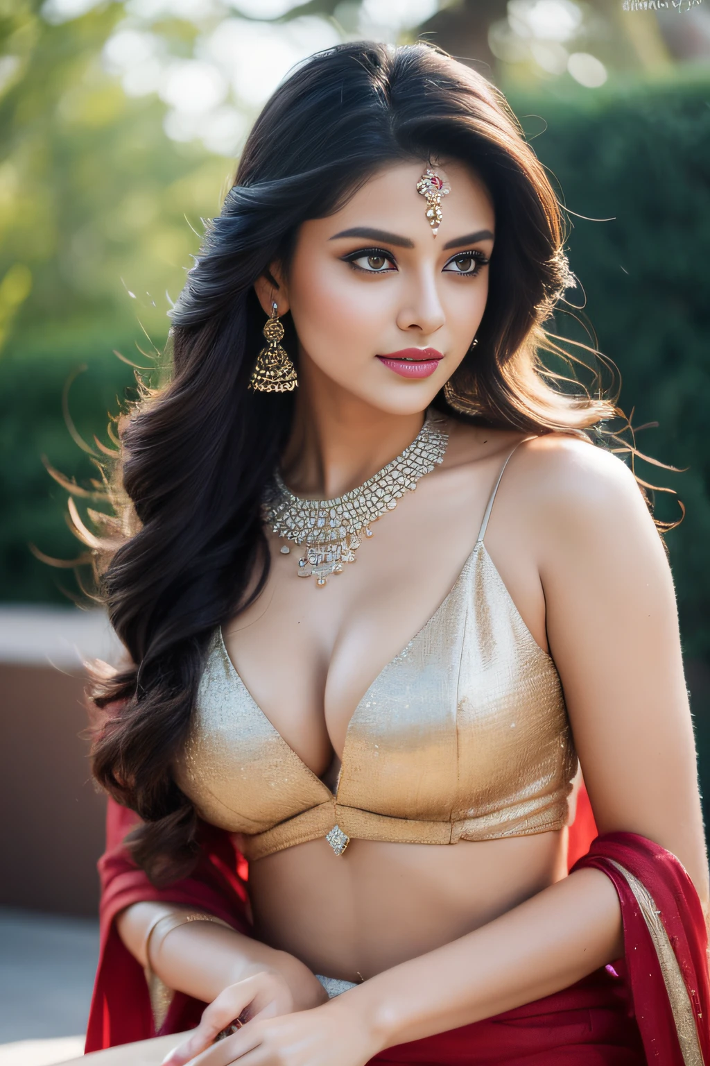 side topless portrait of A confident-looking indian woman, kamasutra princess with long flowing hair, hazel eyes, wearing designer jewellery, visible c-cup breast sitting on royal garden, palace background, bokeh perfect composition, hyperrealistic, super detailed, 8k, high quality, trending art, trending on artstation, sharp focus, photo shoot, intricate details, highly detailed, art by greg rutkowski