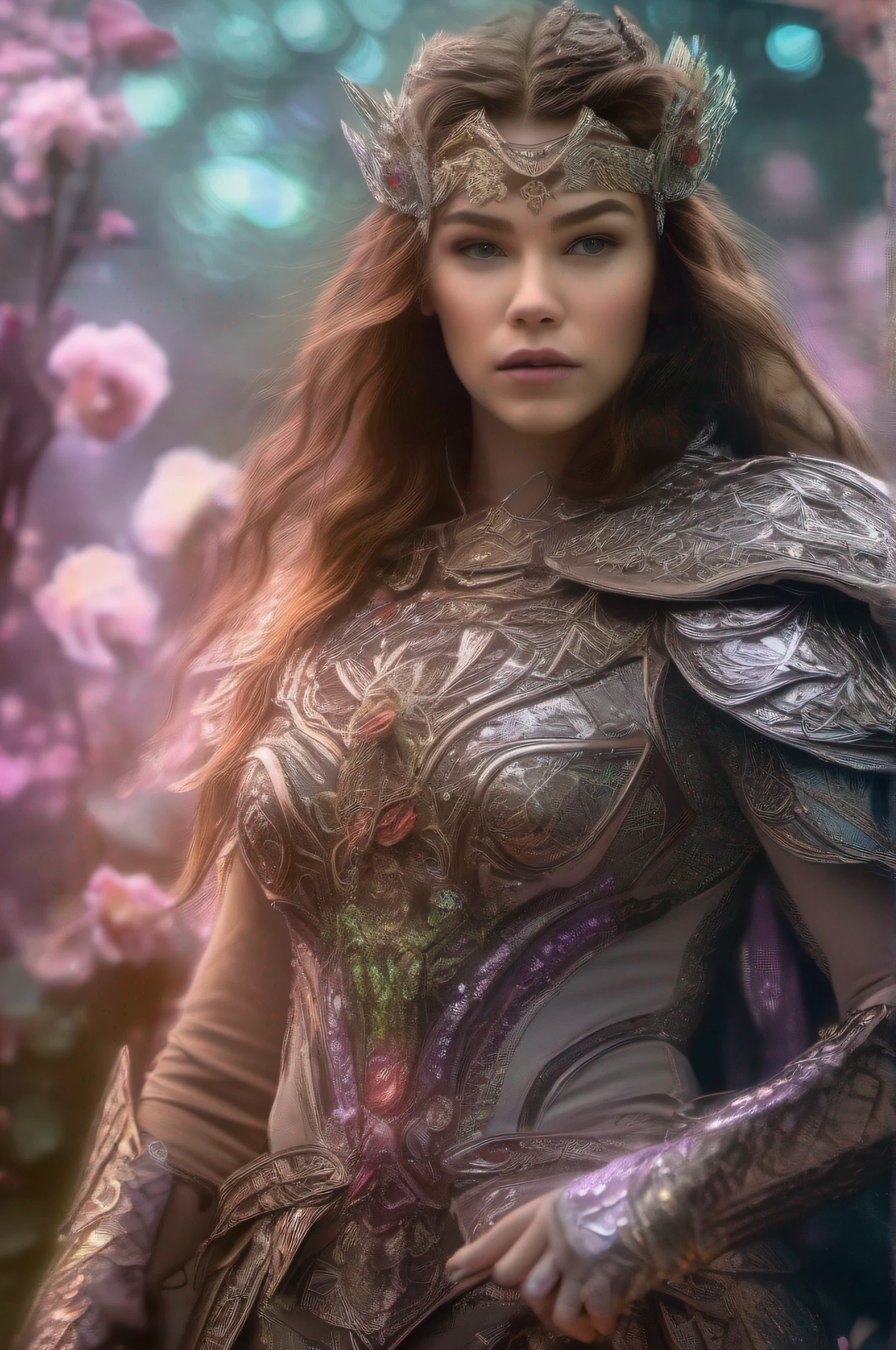 Hailee Steinfeld, fantasy image, intricately detailed photograph of a druid woman wearing druid armor, ((glowy eyes)), ((ethereal glow of magic spells)) shiny metal pieces, holographic glow, light particles, roses, hyperdetailed skin, defiant gaze shot on dslr camera, shot by MSchiffer, 32k resolution, best quality,