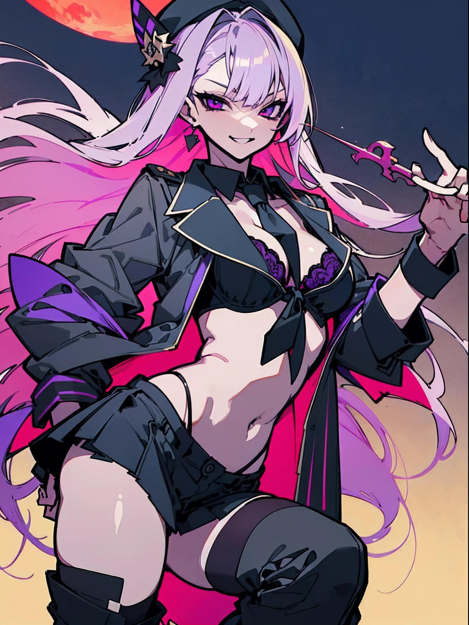 (top-quality、​masterpiece:1.2), 1girl in、Beautiful fece、Saeko Poison Island, ((policeman's cap、neck tie、bra very、Black miniskirt、kneehigh boots)), ((nigh sky、stele、a moon)), One hand is on his hip, long purple hair、Purple eyes, ((Vicious look、Vulgar smile)), elegent、enticing、A sexy、Beautiful and well-groomed face、beautidful eyes、beautiful hairl、slick skin、Beautiful mouth、smooth legs、Balanced body、