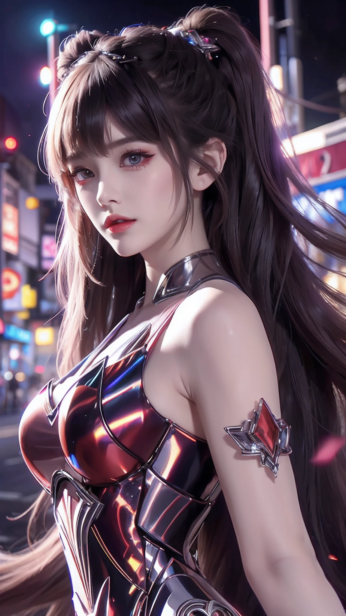 4k ultra hd, masterpiece, high details, a girl, cute face, detailed eyes, long hair, detailed lips, medium breasts, orange neon lights on dress, Cyberpunk orange dress, orange neon lights connected on dress, neon breasts, bare waist, electric current effect, glowing effect, direct-x 2.0, high graphic nigh lights, spreading light, light reflection, light reflection on road, light reflection, everywhere spreading lights, neon lights, sitting, whole body capture,
