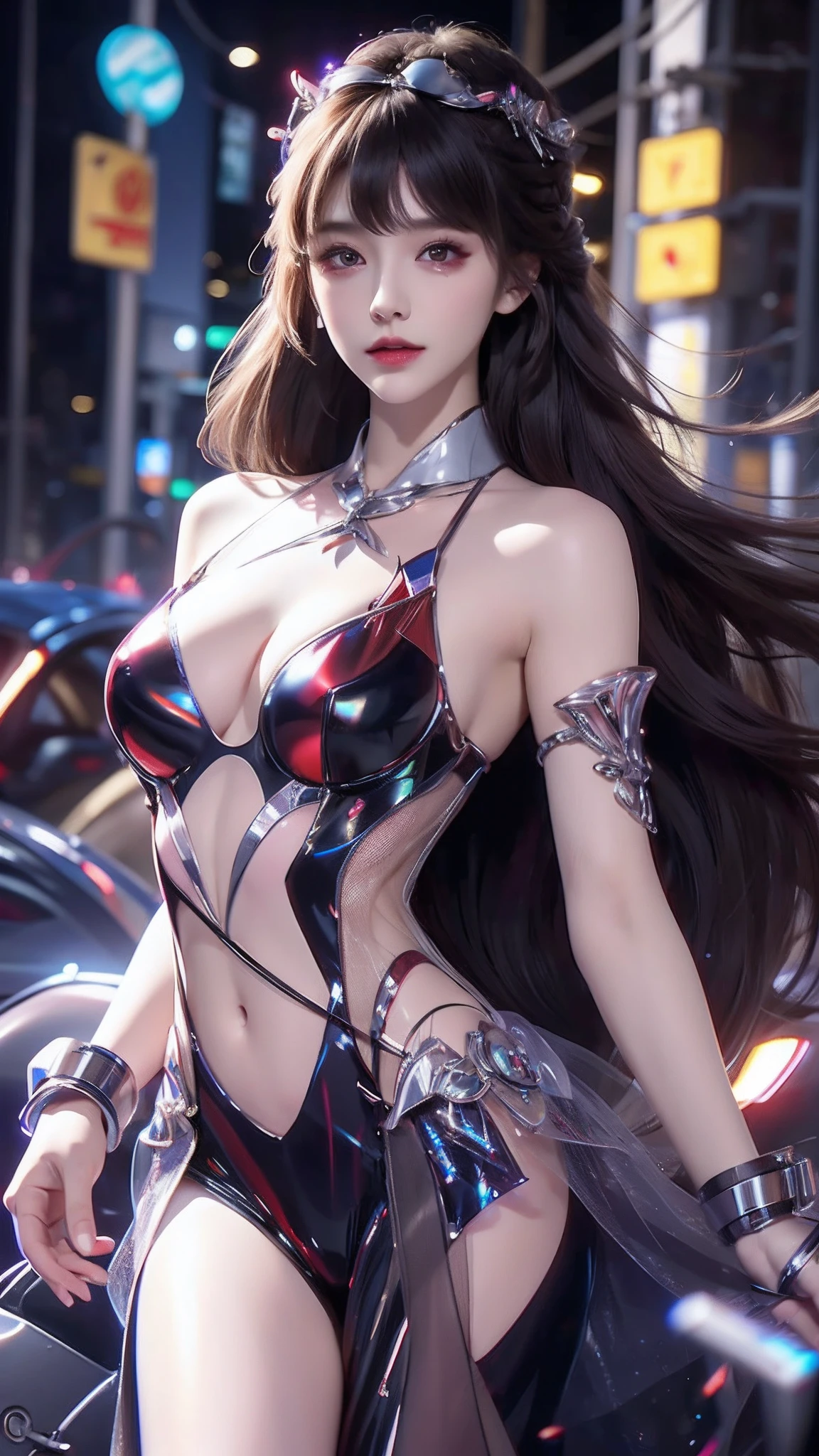 4k ultra hd, masterpiece, high details, a girl, cute face, detailed eyes, long hair, detailed lips, medium breasts, red neon lights on dress, Cyberpunk red dress, red neon lights connected on dress, neon breasts, bare waist, red electric current effect, glowing effect, direct-x 2.0, high graphic nigh lights, spreading light, light reflection, light reflection on road, light reflection, everywhere spreading lights, neon lights, whole body capture,