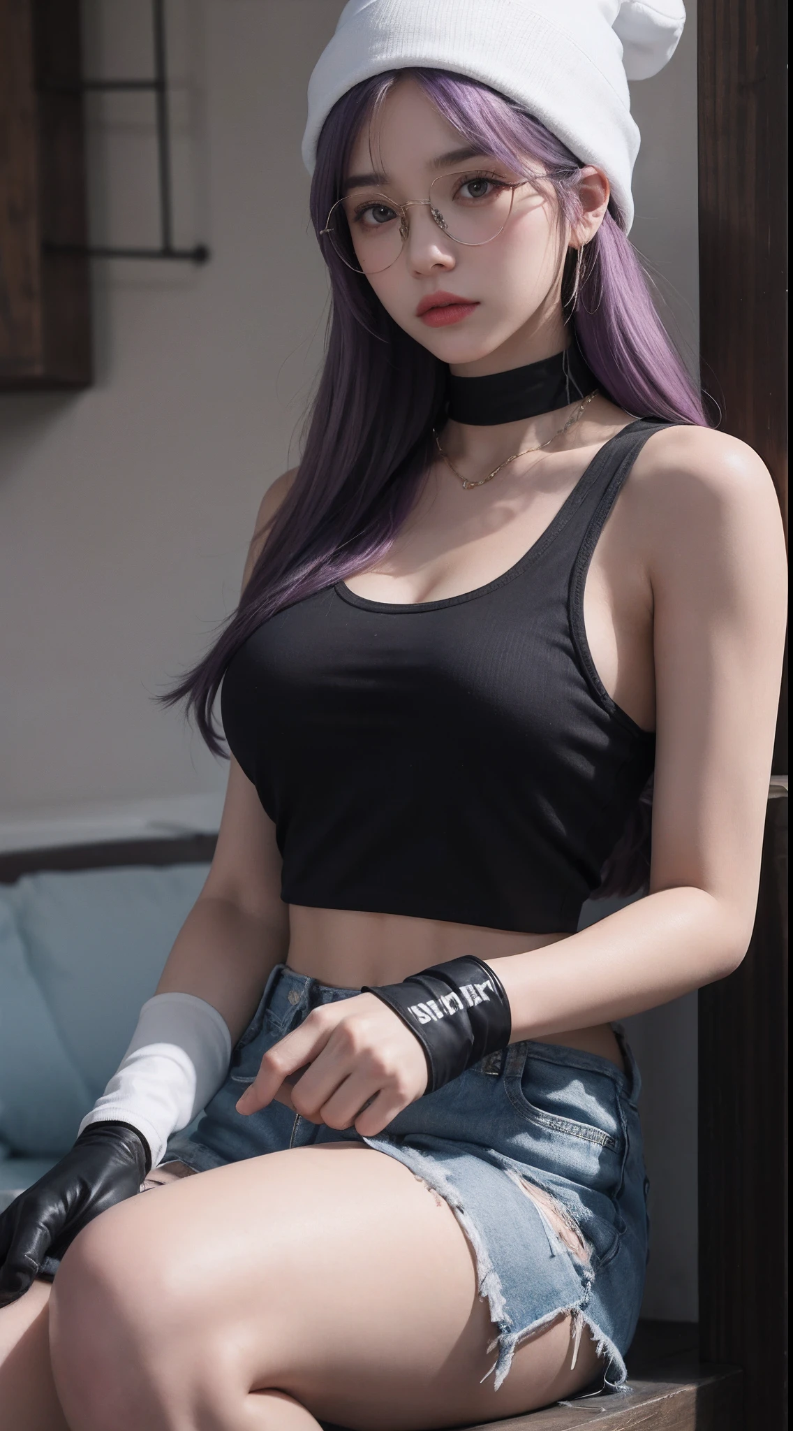 "One female character wearing a white beanie, black crop tank top, large breats, round glasses, sporting light purple hair, a choker, gloves, and camo shorts."