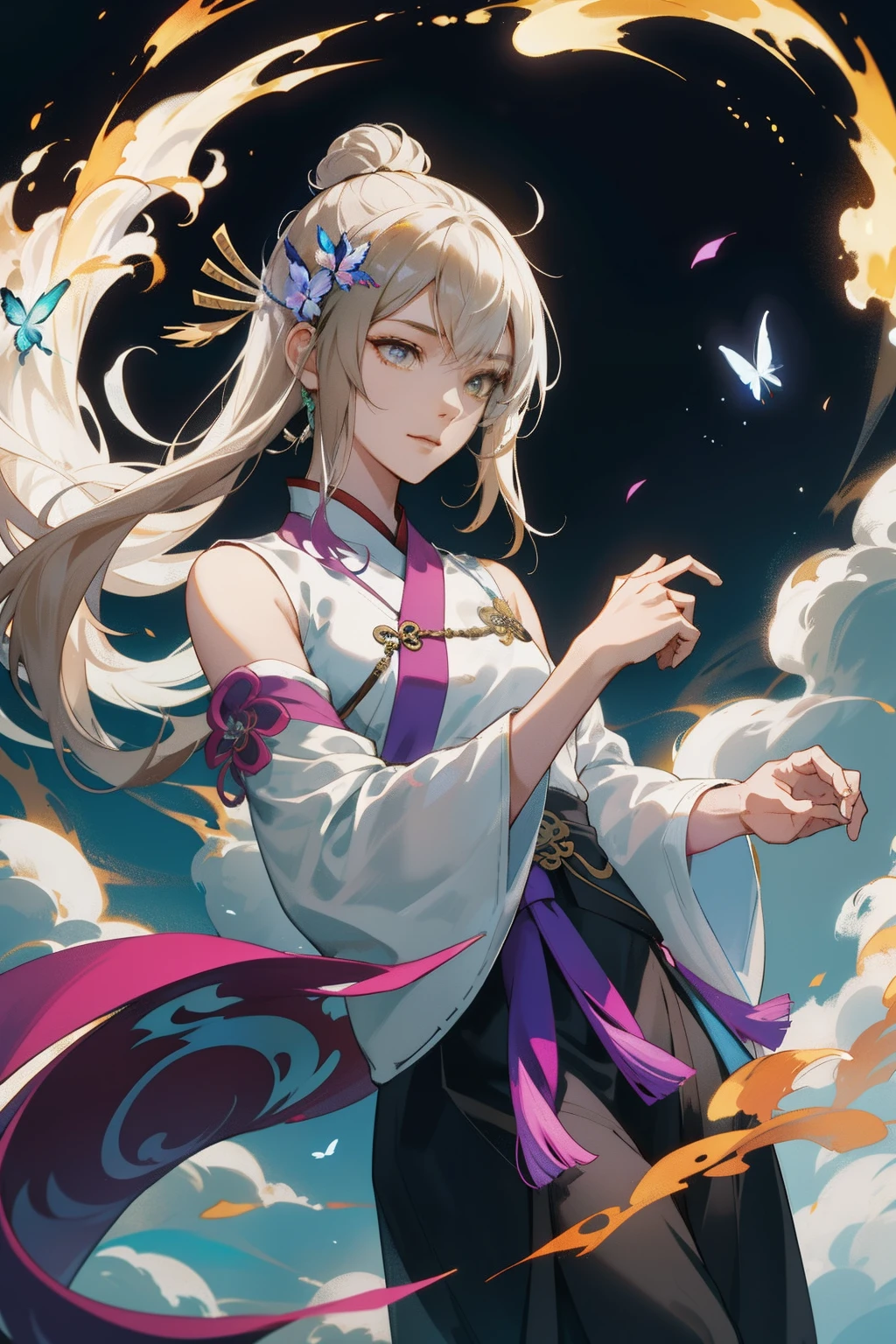 （Female characters in Chinese mythology）, （The mythical Daji），（full bodyesbian），In the world of aesthetics、A girl with bright white and brown hair、Wearing yellow and pure white translucent silk Hanfu。adolable、Sexy legs，（cropped shoulders）（High- sharpness，ultra - detailed）， tmasterpiece， best qualtiy， 独奏， White skirt， Flying colorful butterflies， finely eyes， 详细的脸， swirles，Flirtatious，adolable,vivaciousness, seductiv，finely quality eyes, Complicated details, , 独奏, Half shot, detailedbackground，Floating black smoke、Backlit realistic lighting、Armory、Hair flutters in the wind，Surrounded by ink,Surrounded by clouds, Clear face, Clear and bright eyes, High detail, (A high resolution, ultra - detailed), Cinematic lighting, Motion blur, Ray tracing, reflective light, (Close-up), Masterpiece, Best quality, High quality, Anatomically correct, Textured skin, High details, Super detail, 1080p, hyper HD,