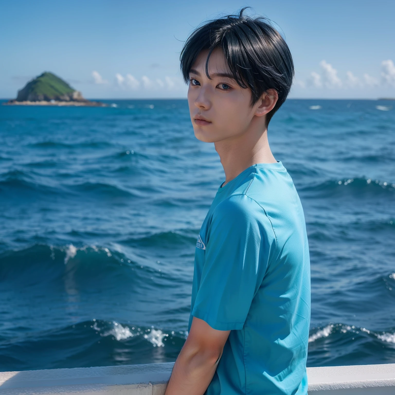 Blue 28 points hair,Blue print short sleeves,A young man with good facial features,The background is the ocean。