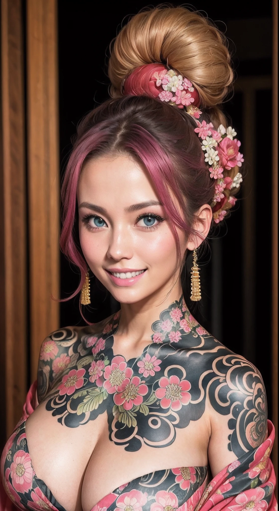 1girl, beautiful girl (30 years old), MILF, cute smile (reveling teeth smile), beautiful face, blue eyes, long hair, pink hair: 1.2, long hair, bangs, flower hair ornament, hair pin, hair bun, off-shoulders, bare shoulders, (half-body), looking at viewers, (japanese kimono, open chest kimono), Huge Breasts:1.1, perfect Huge breasts, highest quality, ultra-detailed, hyper detail face, detailed face: 1.2, round breasts, irezumi tattoo style, tattoo on breasts, tttattoo