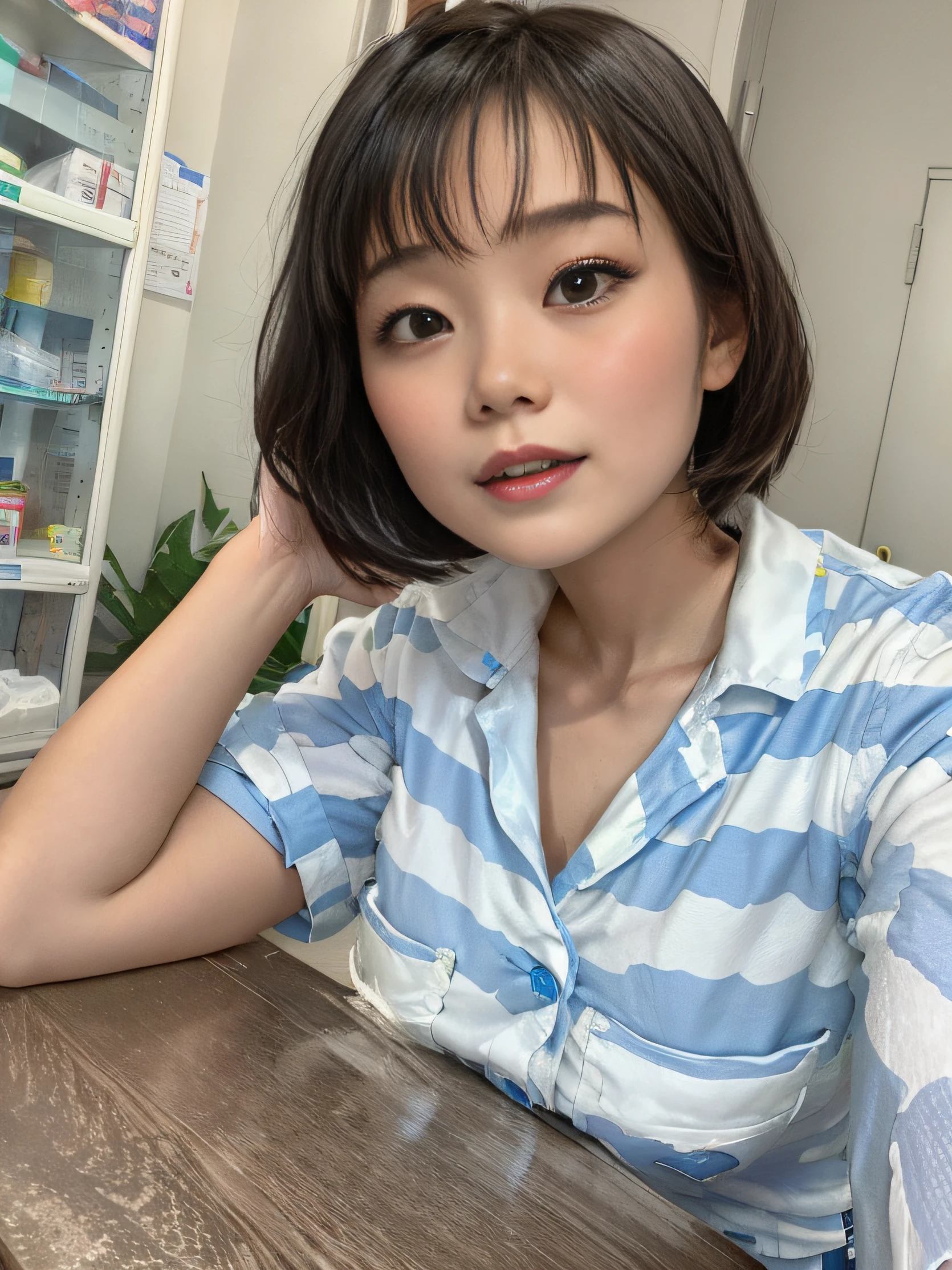 arafed woman in a white shirt and blue pants taking a selfie, dang my linh, nurse girl, mai anh tran, wearing lab coat and a blouse, profile image, nursing, profile picture 1024px, 2 8 years old, 1 8 yo, 2 7 years old, with short hair, profile picture, ao dai, healthcare worker