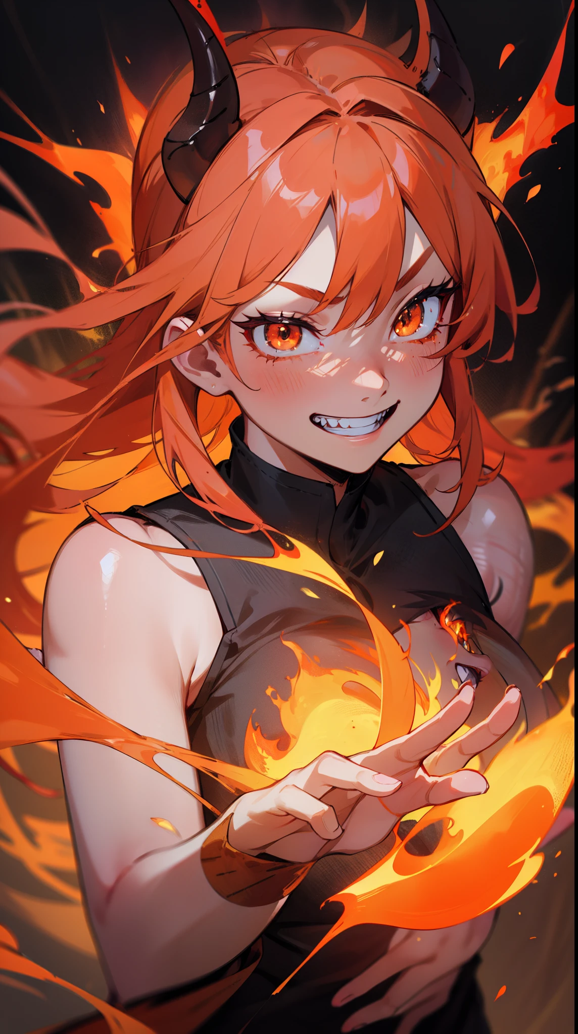 ((masterpiece)), best quality, 8k, high quality, high resolution, super detailed, ultra detailed, photorealistic, fiery and finely detailed face and eyes, ultra detailed and detailed skin texture, fiery eyes, perfect face, 1 girl, blazing red hair, (fiery attire), flaming orange eyes, (fiery crown), (infernal aura), standing before a roaring bonfire, passionate expression, ((burning grin)), twilight, fiery landscape, crackling flames, intense atmosphere, (crackling embers), (dancing flames), since primordial times, Ignia, fiery eyes, background of blazing inferno.