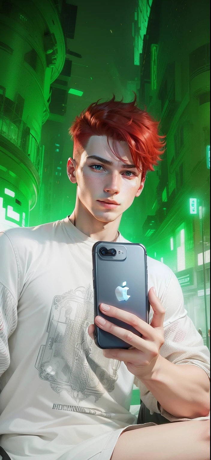 Boy with iPhone futuristic background realistic face, Red Hair ultra high quality HD