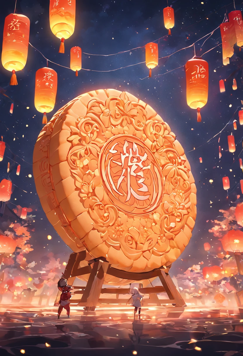 Create an artistic depiction of mooncakes with the inscription "eRUBIK" on the surface of the cakes, the Mid-Autumn Festival in Vietnam, and children enjoying themselves,Bright moon,best qualtiy,3D modeling rendering,C4D style,wide wide shot,8K