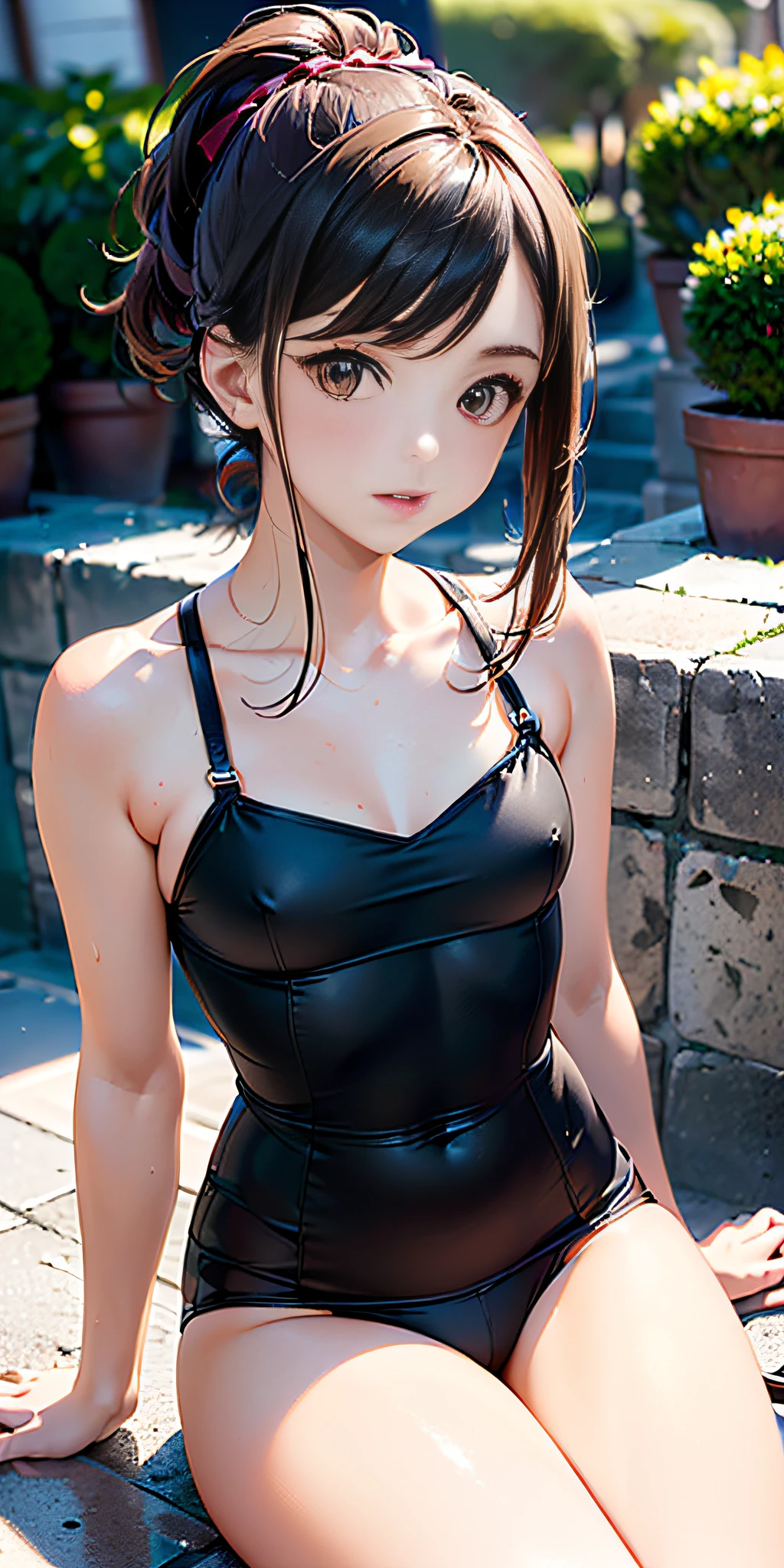 ((Mejor calidad, retrato de cuerpo completo, cara delicada, cara bonita, 25 year old woman, figura delgada, Small bust, uniforme OL, ropa de oficina, medias negras, escena al aire libre, Sitting position))