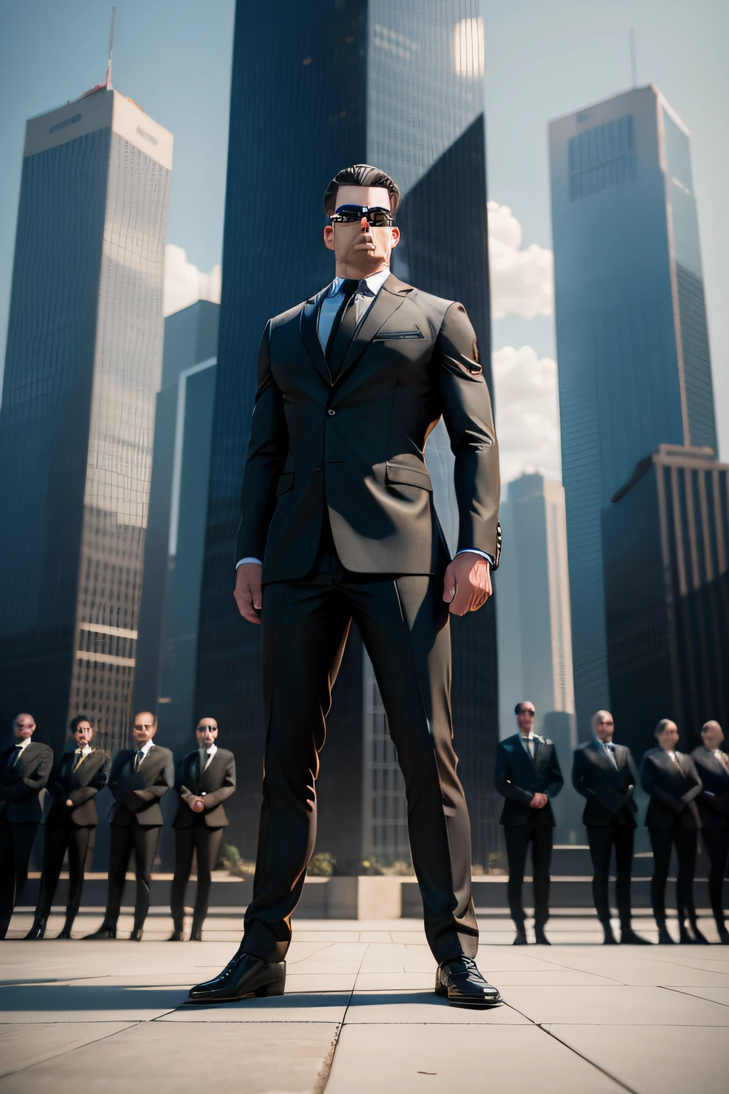 group of vigilant protectors in black suits stand guard in front of a majestic skyscraper. focus face, 3d style
