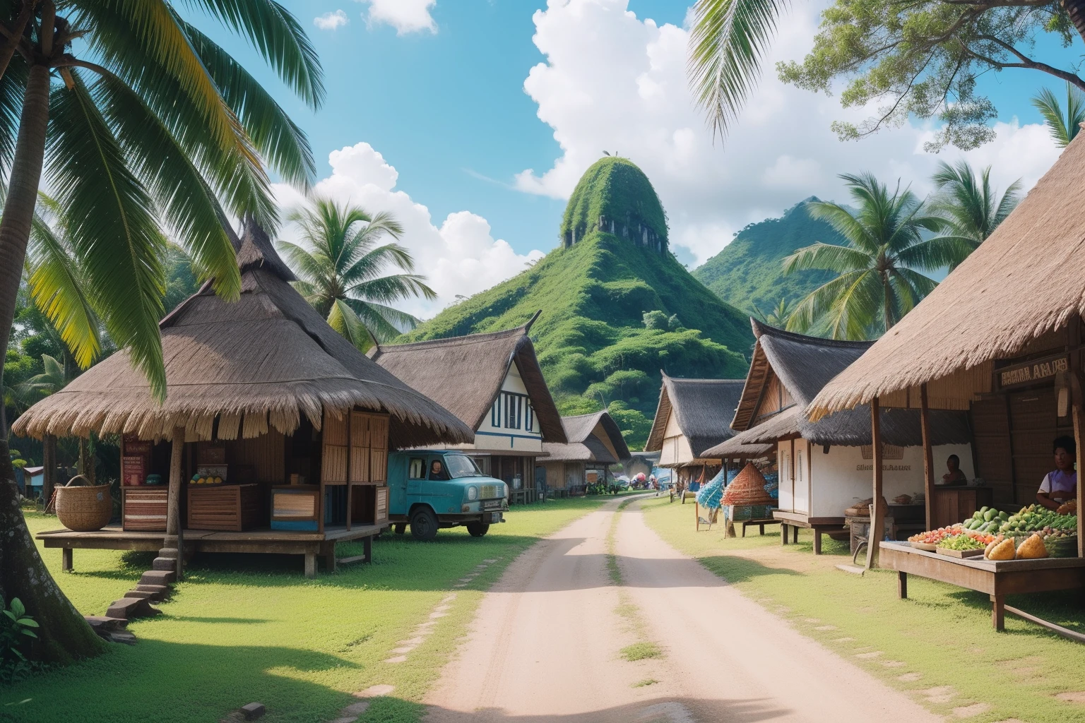 Year: 2021
Country: Micronesia
Description: In the charming village of Kolonia, a tween explores the vibrant local market filled with exotic fruits and handmade crafts. The bustling market square is framed by traditional thatched-roof huts, giving it a distinctive and cinematic atmosphere.
