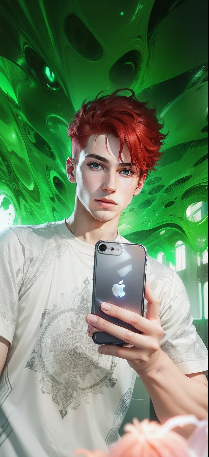 Boy with iPhone futuristic background realistic face, Red Hair ultra high quality HD