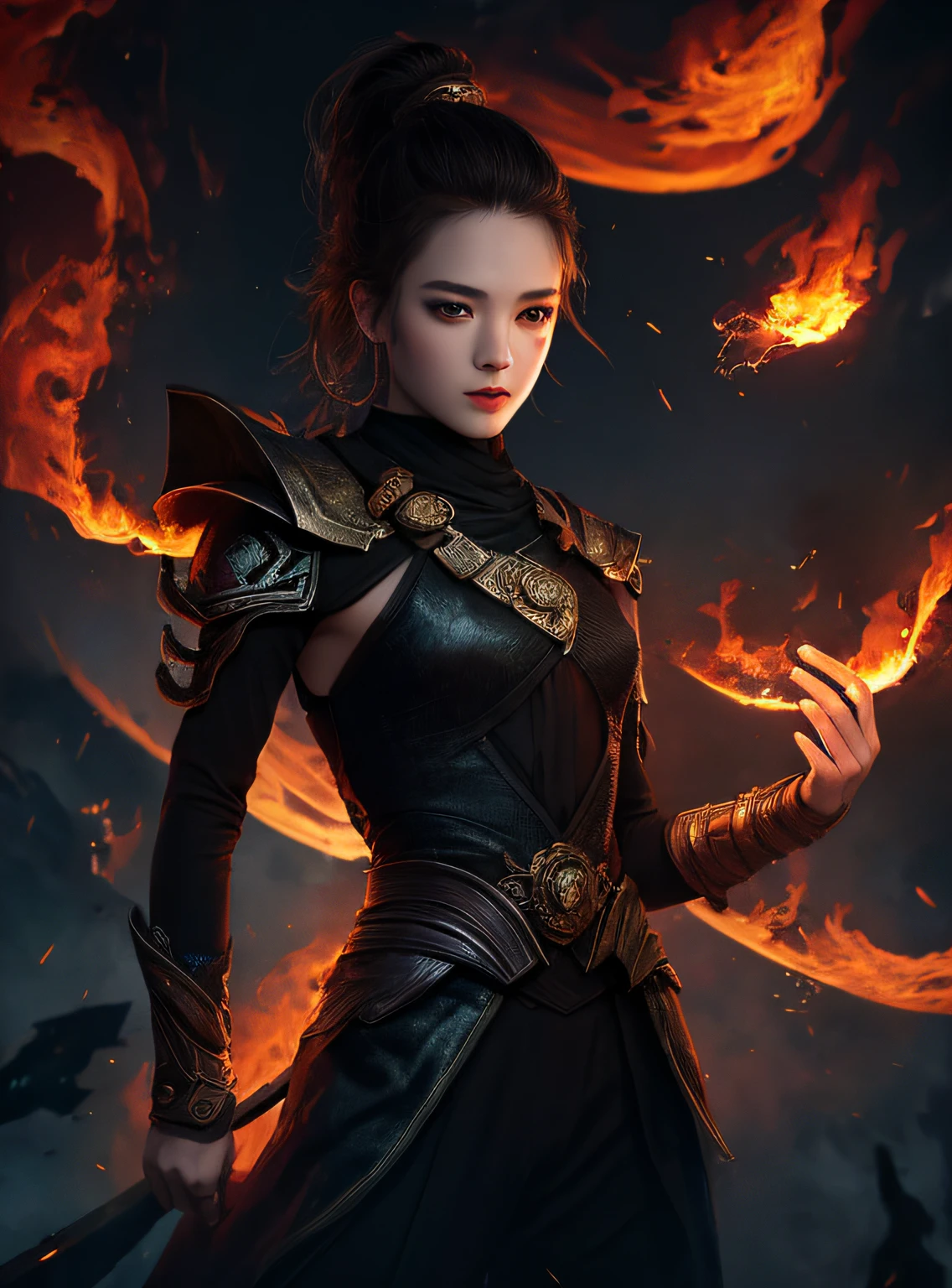 1girl,solo,masterpiece, best quality,fantasy,dark,shadow,
face is important,boy is important,eyes are important,rThe character is the main body of the work,(upper body),
flames,ruins, swirling magic,