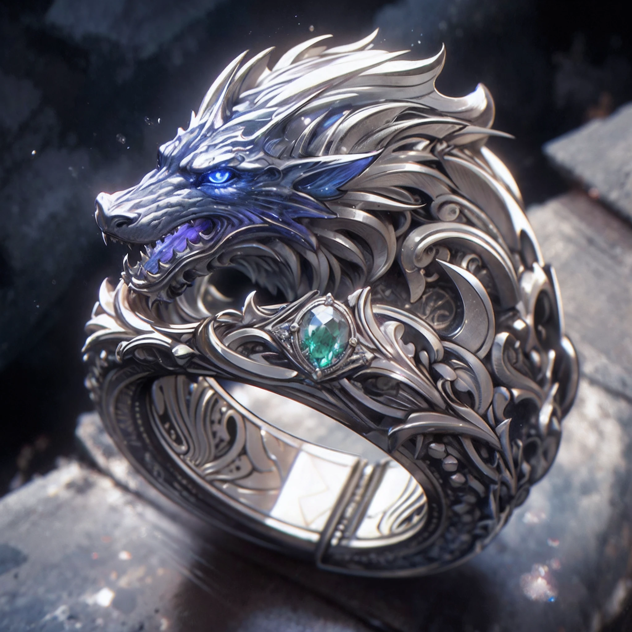 Masterpiece, highest quality, (Nothing but the ring), (No Man), ring set with a dragon‘s head, Emerald set eyes, Platinum material, winding from end to end, delicate silver ring, soft light mist, gloss, positive image, sparkling blue purple stones, elegant noble, simple background,insanely detailed and intricate, hypermaximalist, elegant, ornate, hyper realistic, super detailed