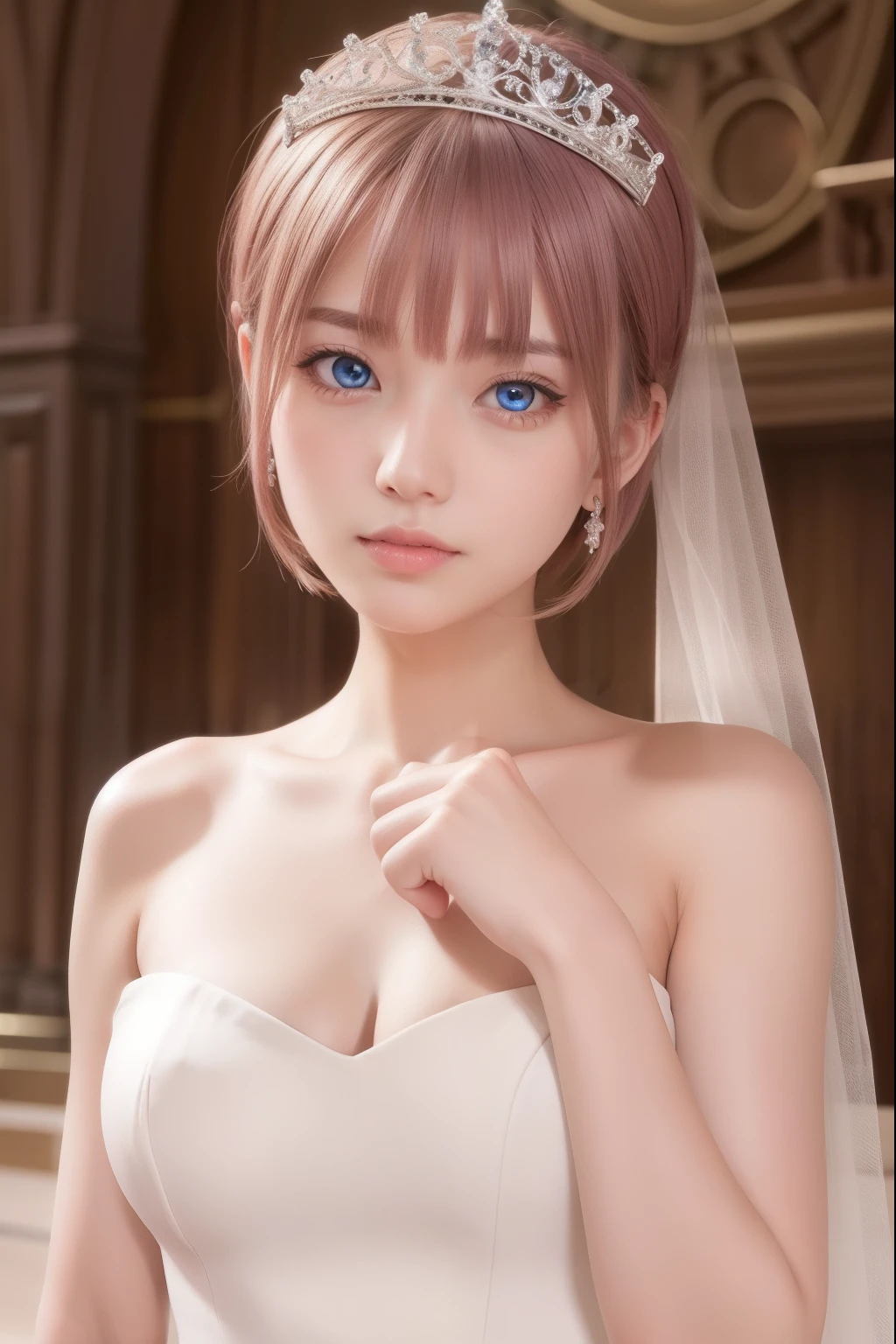 ichikanakano, ichika nakano, short hair, bangs, blue eyes, hair between eyes, pink hair, earrings,
BREAK gloves, dress, cleavage, bare shoulders, collarbone, elbow gloves, white gloves, white dress, strapless, tiara, veil, strapless dress, wedding dress, bridal veil,
BREAK indoors, church,
BREAK looking at viewer, BREAK (masterpiece:1.2), best quality, high resolution, unity 8k wallpaper, (illustration:0.8), (beautiful detailed eyes:1.6), extremely detailed face, perfect lighting, extremely detailed CG, (perfect hands, perfect anatomy),