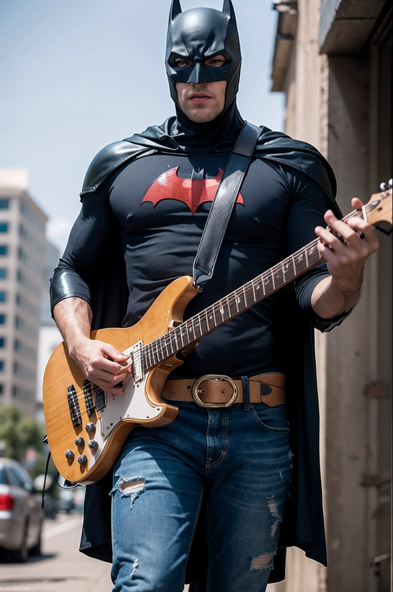 1male, Batman with a guitar, Standing, Adult, Slim, buzz cut, Punk Man, Mad Max, (disheveled clothes: 1.4),