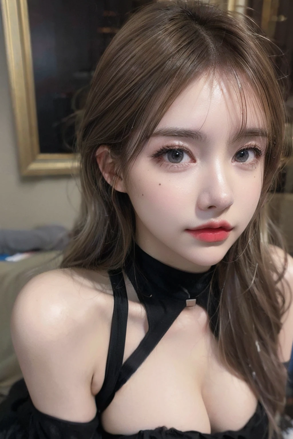 (8k, best quality, masterpiece:1.2), (realistic, photorealistic, photo-realistic:1.37), ultra-detailed,
beautiful detailed eyes, beautiful detailed nose, highlight brown hair, blondes, mole under left eyes, blue highlights hair, big breasts, perfect body, perfect breasts,