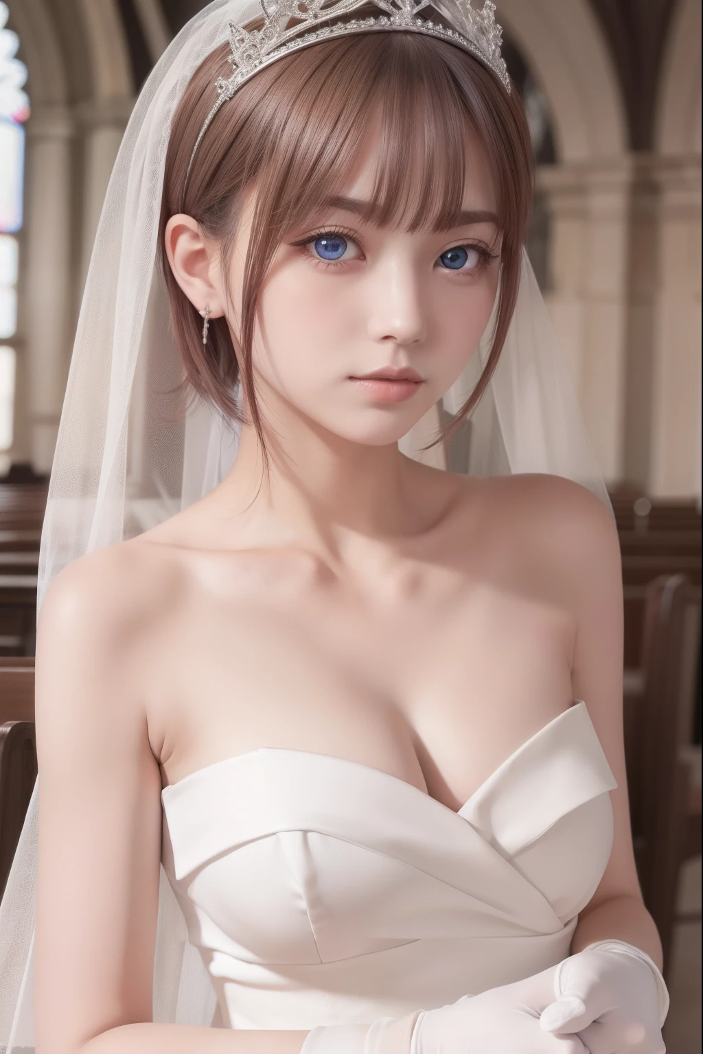 ichikanakano, ichika nakano, short hair, bangs, blue eyes, hair between eyes, pink hair, earrings,
BREAK gloves, dress, cleavage, bare shoulders, collarbone, elbow gloves, white gloves, white dress, strapless, tiara, veil, strapless dress, wedding dress, bridal veil,
BREAK indoors, church,
BREAK looking at viewer, BREAK (masterpiece:1.2), best quality, high resolution, unity 8k wallpaper, (illustration:0.8), (beautiful detailed eyes:1.6), extremely detailed face, perfect lighting, extremely detailed CG, (perfect hands, perfect anatomy),