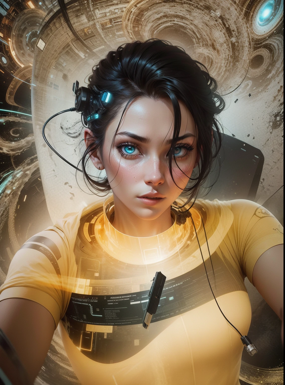 A surreal, dreamlike portrait of a cyborg, surrounded by a swirling vortex of digital data.