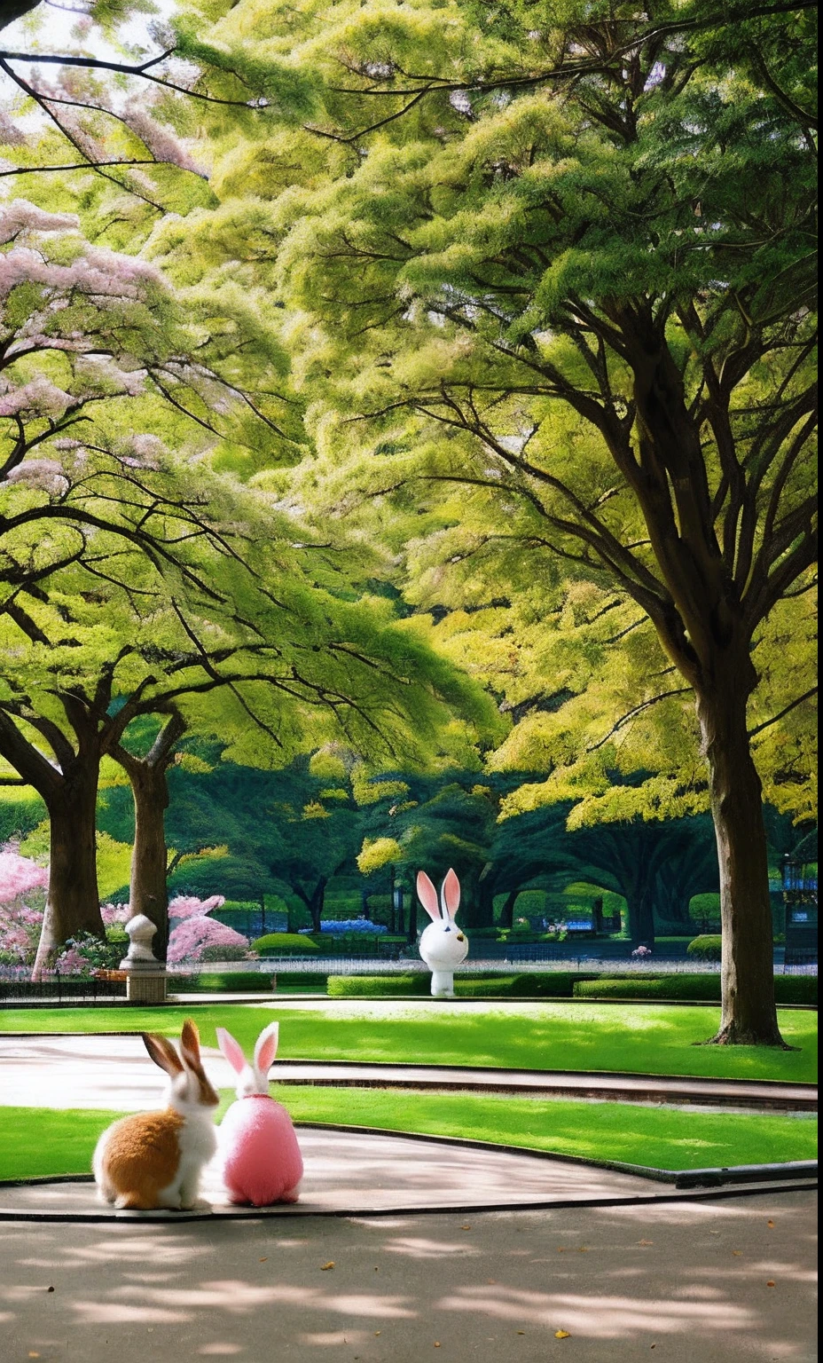 a park、Little one rabbit、Realistic pink rabbit、Little rabbit in a big park