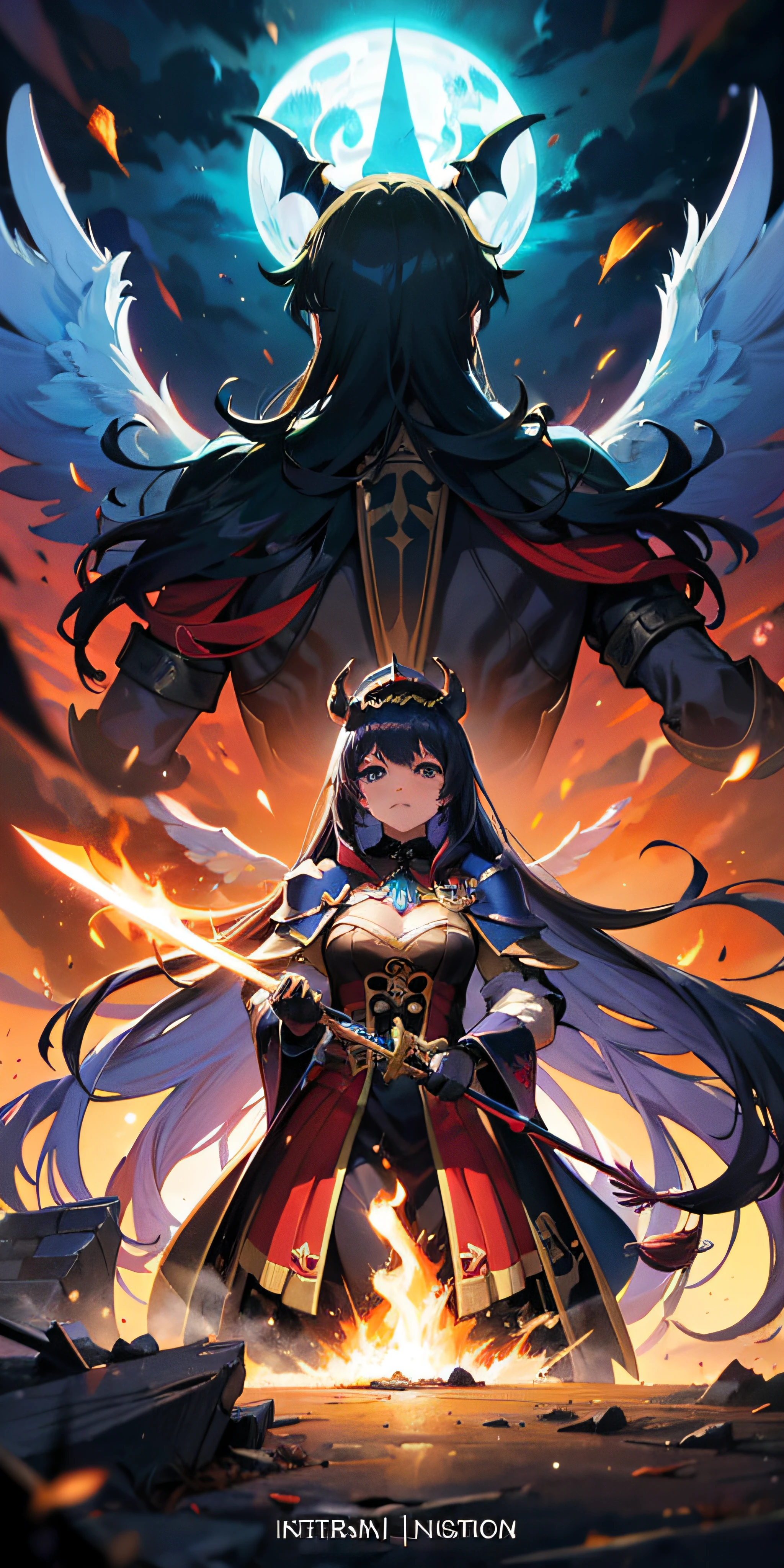 Anime figure，Dark villain，Beauty side face，Long hair flying，（golden headdress），Two teenage girls back to back，（Simple helmet）Spark ashes burn，The samurai held a sword, Wear contrasting armor, The whole picture of the witch and the witch skeleton,（standing full-body），（（Faraway view）），（HD8K），ultra-wide-angle，The background is gorgeous，the original god, demon anime girl, Angel anime girl，fantasy paladin man, Dragon Knight,Spread your black feathered wings，Mobile Genshin Impact, Anime 8 k, Anime fantasy illustration, Genshin Impact, Tough and cold character, Detailed key anime art, Ayaka Genshin impact, onmyoji portrait，Close-up of shooting random weapons, Comic book epic artwork, Epic fantasy digital art style,Epic fantasy art style, 8K high quality detailed art, Epic fantasy art style HD, Faraway view，Behind him，This is a golden glowing magic array。，Purify the flame，HD anime visuals，full portrait of magical knight