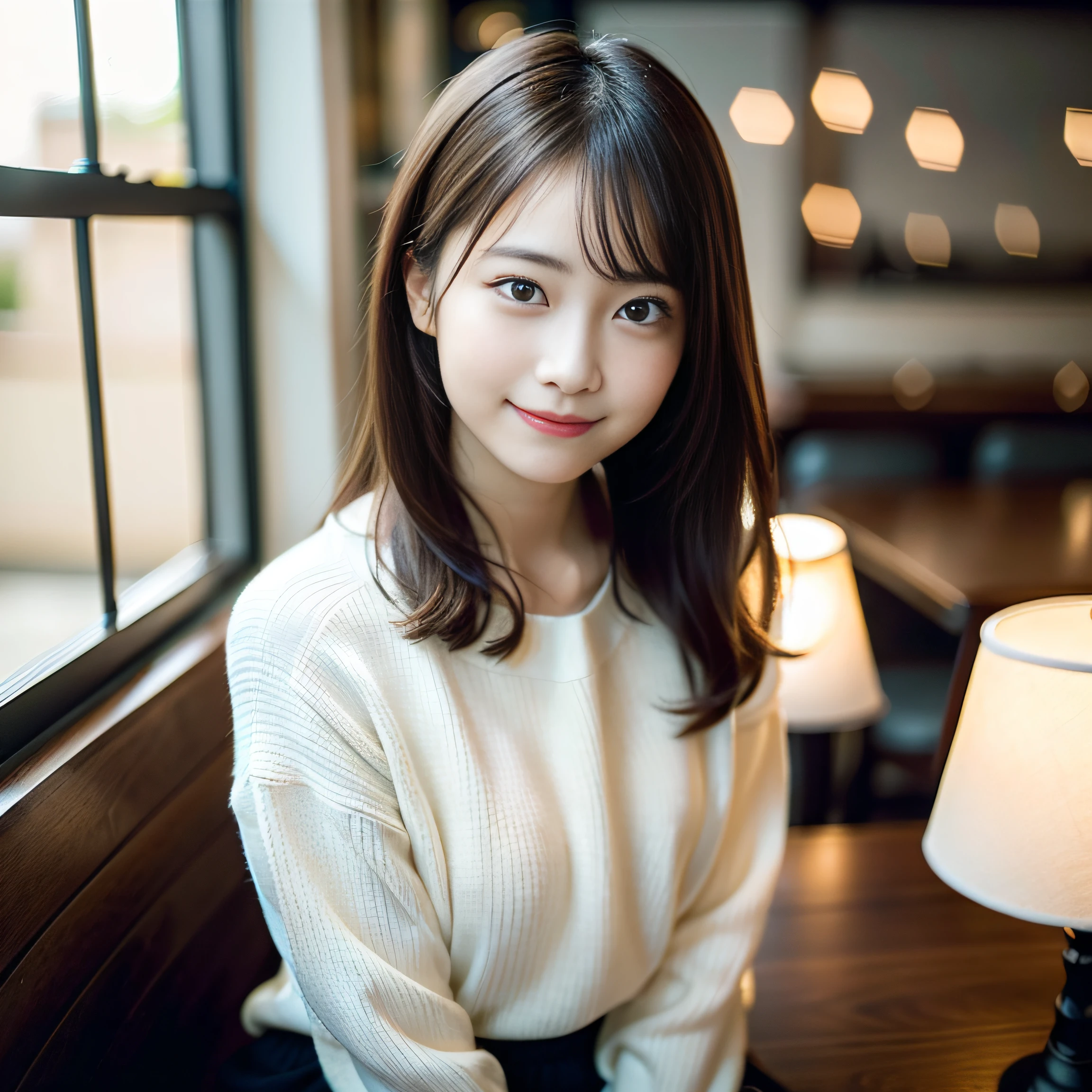 Japan girls in casual clothes、looking at the viewers、Pose with a smile(top-quality、masterpiece)))、hight resolution、ighly detailed、masterpiece、电影灯光、(8K、top-quality、masterpiece:1.2)、(realisitic、Photorealsitic:1.37) Hi-Res、The ultra-detailliert、1womanl 、nogizaka, cute face, 独奏, Textured skin:1.2, beautiful smiling face, Detailed Cafe, natta, 电影灯光, Lens flare light、sitting on、Dating、(Shy smile:1.2)、medium chest、beautiful finely detailed eyes、(Sweaters:1.1)、natta、from waist up:1.2