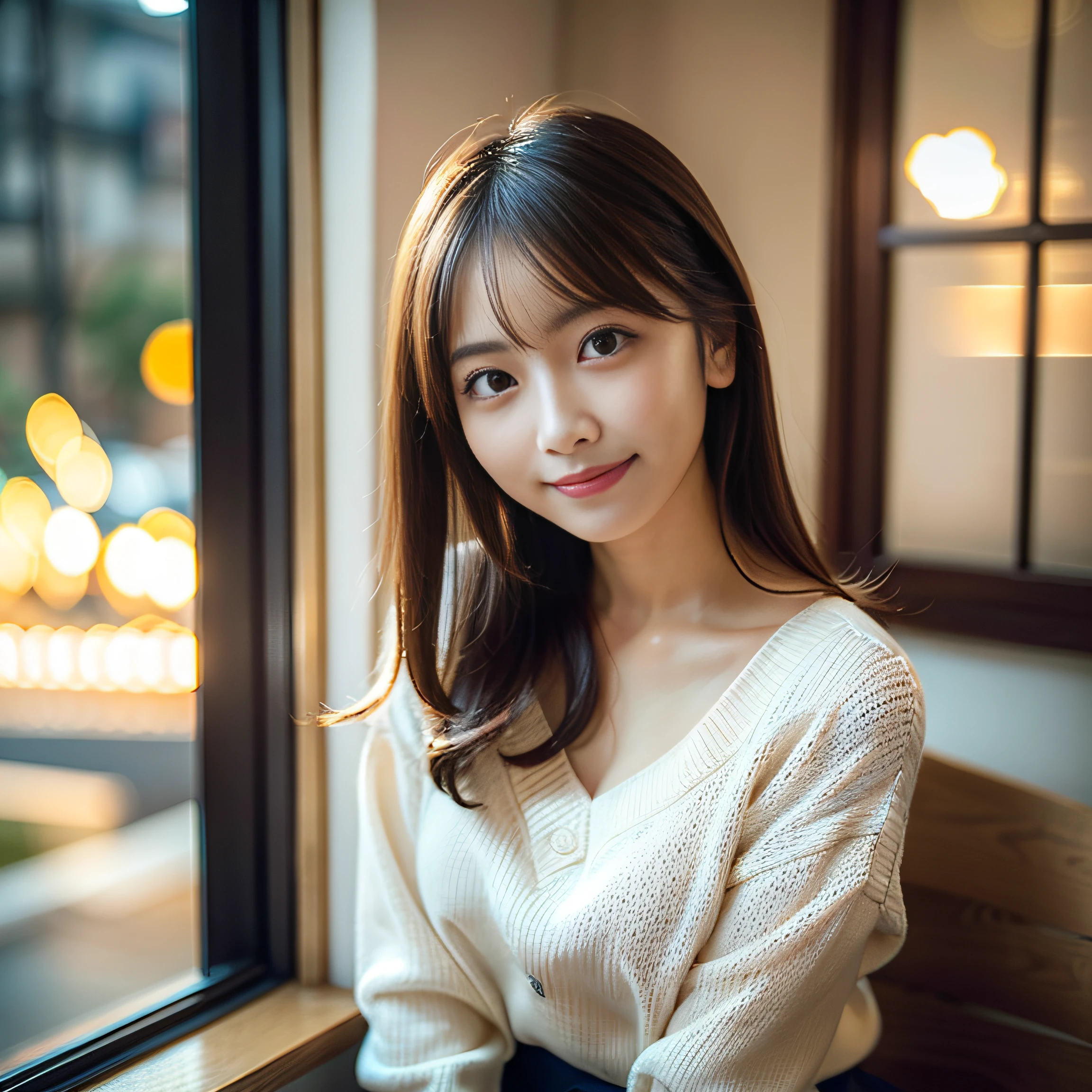 Japan girls in casual clothes、looking at the viewers、Pose with a smile(top-quality、masterpiece)))、hight resolution、ighly detailed、masterpiece、电影灯光、(8K、top-quality、masterpiece:1.2)、(realisitic、Photorealsitic:1.37) Hi-Res、The ultra-detailliert、1womanl 、nogizaka, cute face, 独奏, Textured skin:1.2, beautiful smiling face, Detailed Cafe, natta, 电影灯光, Lens flare light、sitting on、Dating、(Shy smile:1.2)、medium chest、beautiful finely detailed eyes、(Sweaters:1.1)、natta、from waist up:1.2