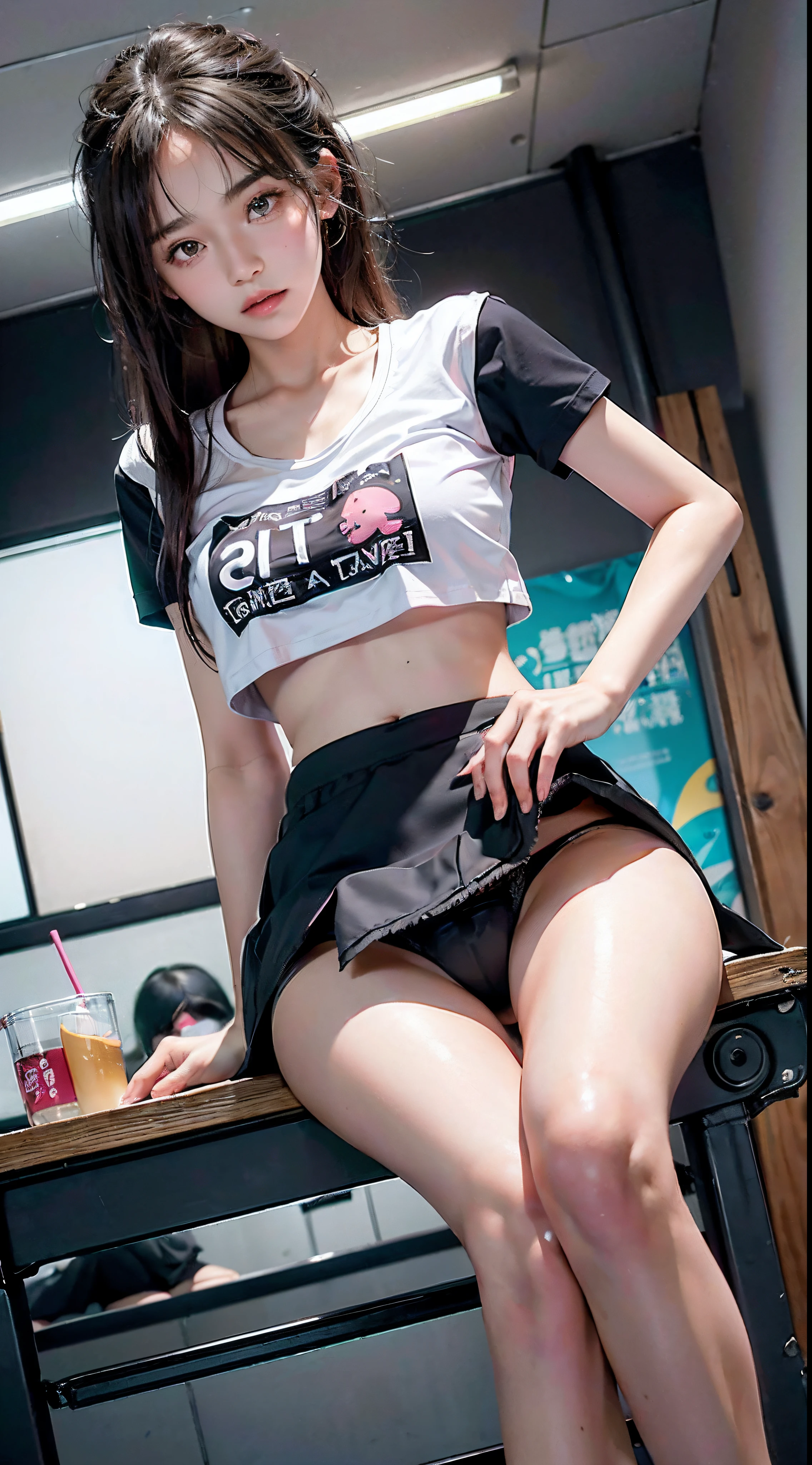 a 18 year old girl, Sitting at a desk in a convenience store, Bokeh, Perfect Figure, (((Hand-lifted skirt,Black panties, I can see the panties))), ((My eyes crossed, captivating)), Short T-shirt, slim tummy, (pink mini skirt),(Spread your legs)