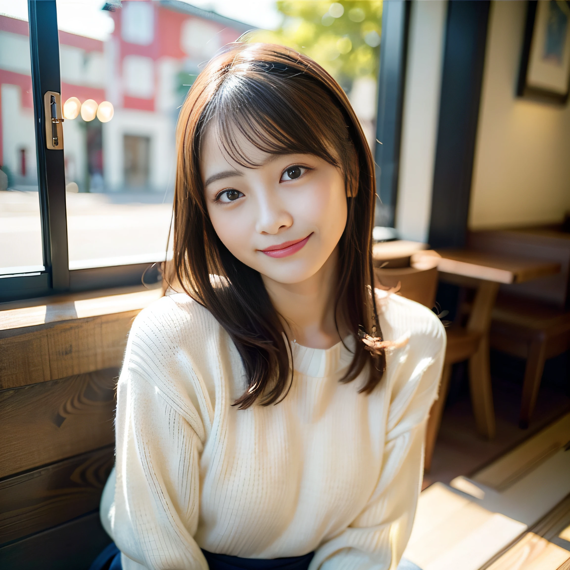 Japan girls in casual clothes、looking at the viewers、Pose with a smile(top-quality、masterpiece)))、hight resolution、ighly detailed、masterpiece、电影灯光、(8K、top-quality、masterpiece:1.2)、(realisitic、Photorealsitic:1.37) Hi-Res、The ultra-detailliert、1womanl 、nogizaka, cute face, 独奏, Textured skin:1.2, beautiful smiling face, Detailed Cafe, natta, 电影灯光, Lens flare light、sitting on、Dating、(Shy smile:1.2)、medium chest、beautiful finely detailed eyes、(Sweaters:1.1)、natta、from waist up:1.2
