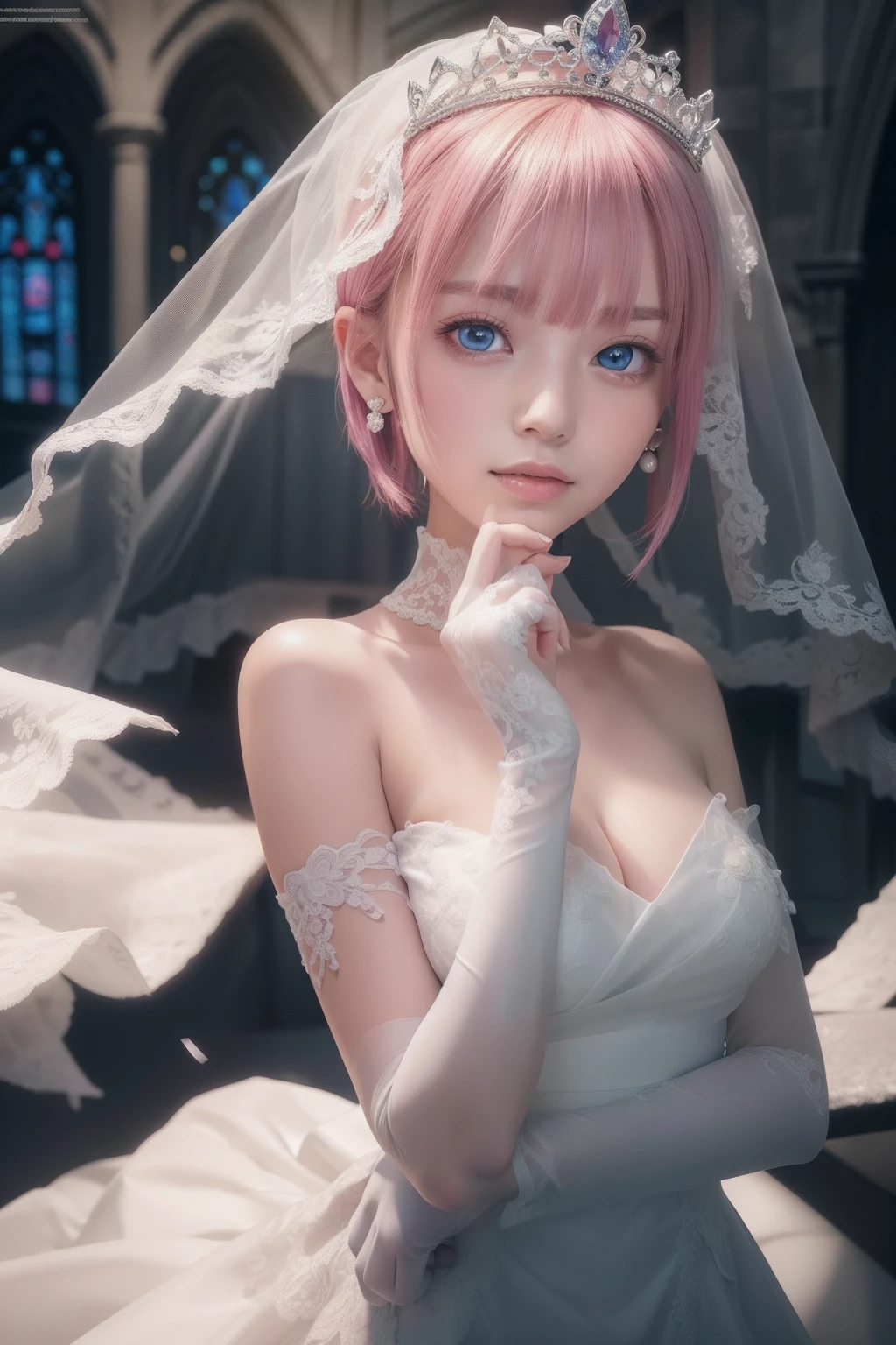 ichikanakano, ichika nakano, short hair, bangs, blue eyes, hair between eyes, pink hair, earrings,
BREAK gloves, dress, cleavage, bare shoulders, collarbone, elbow gloves, white gloves, white dress, strapless, tiara, veil, strapless dress, wedding dress, bridal veil,
BREAK indoors, church,
BREAK looking at viewer, BREAK (masterpiece:1.2), best quality, high resolution, unity 8k wallpaper, (illustration:0.8), (beautiful detailed eyes:1.6), extremely detailed face, perfect lighting, extremely detailed CG, (perfect hands, perfect anatomy),