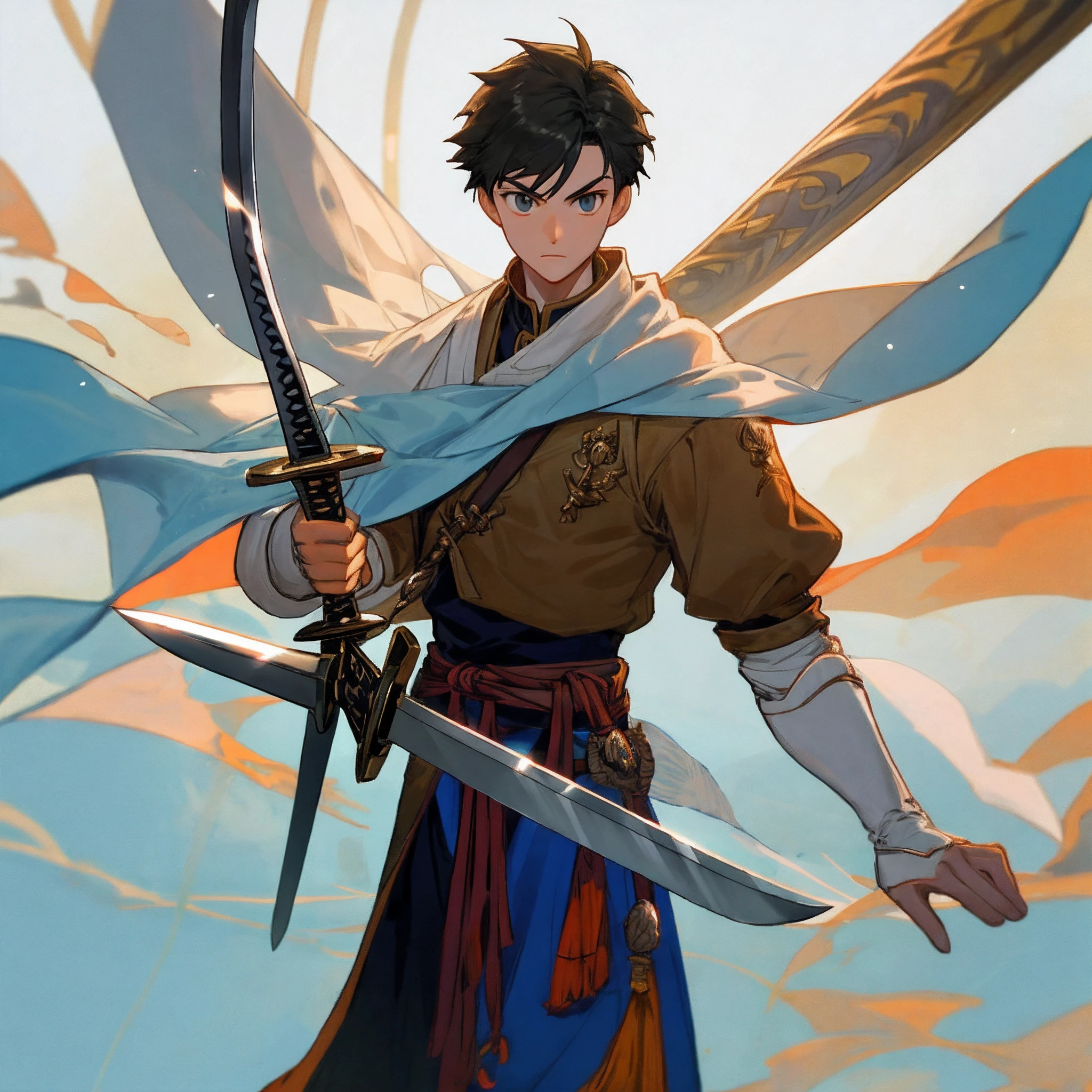 The boy held a long sword,Look into the distance