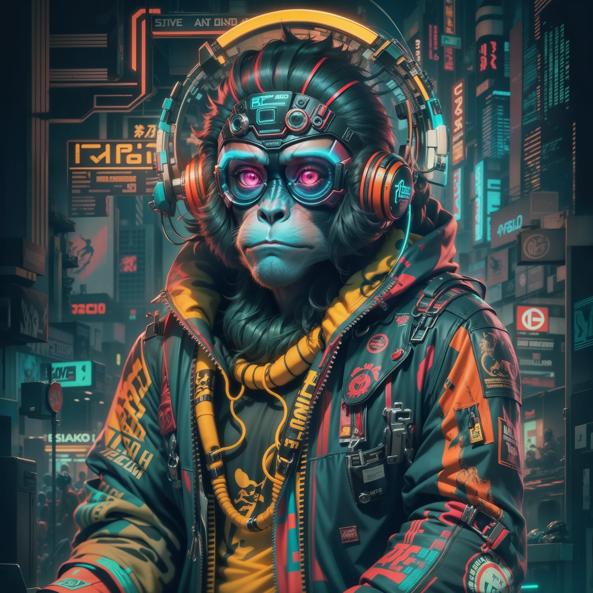 Macaco estilo cyberpunk, com Hadset em seus ouvidos estilo futurista, macaco vestido cyberpunk, imagem estilo neon, estilo vetor, arte de camisetas estampadas, fundo branco