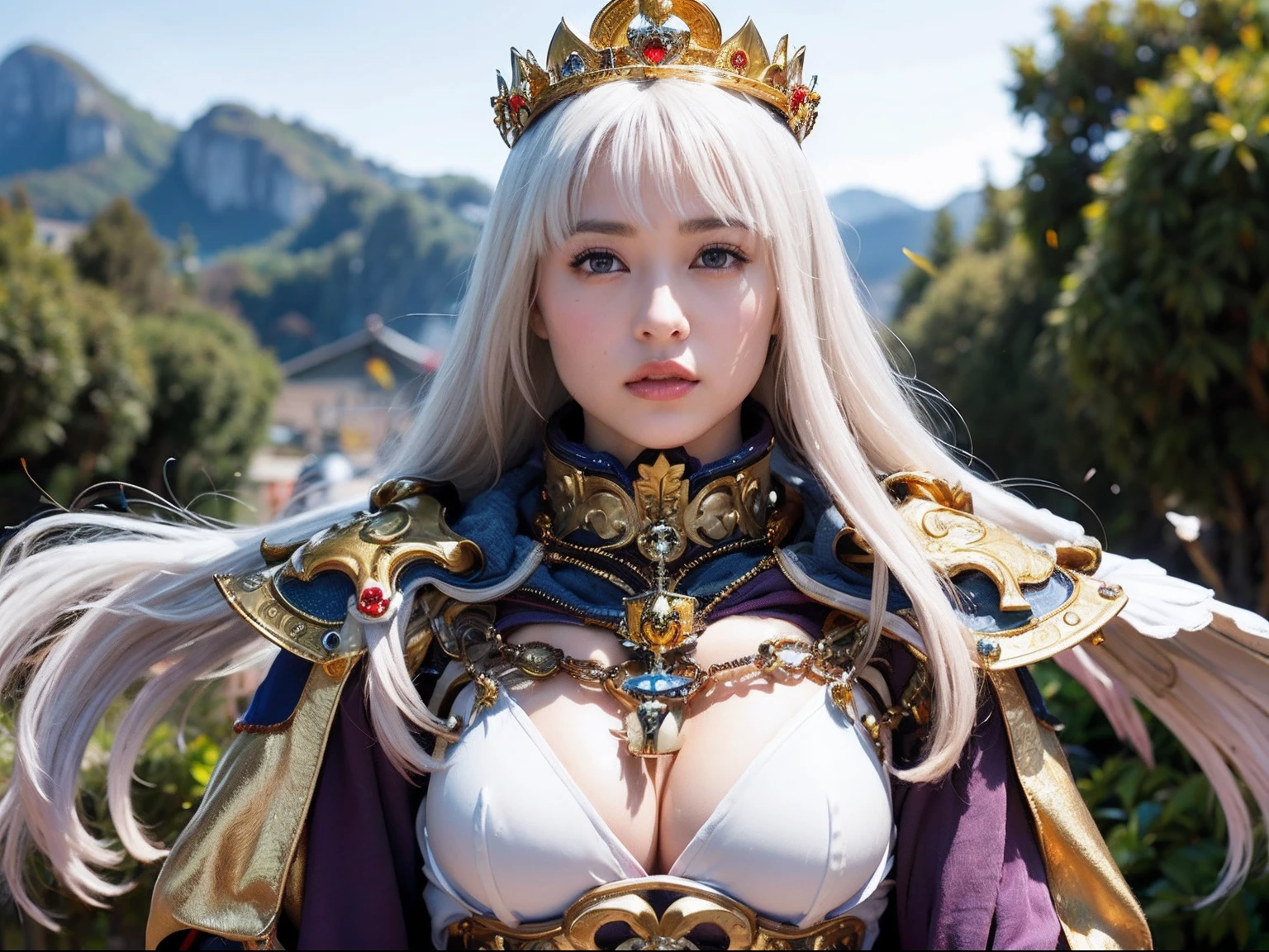 Professional , ​masterpiece、top-quality、photos realistic , depth of fields 、(A dark-haired) 、（Gemstone White Metal Body:1.９),(Matte White、Jewel Gold Weapon（Jewel Metal Body:1.４),Gorgeous metal weapons ,（（ Detailed and gorgeous sword of the brave）） ,Light Effects、intense fighting、Wind-effect、magic circles、 (A dark-haired)  ,warhammer 40k ,Detail and ornate jewel crown、（（Micro Bikini Armor））、（（Gangle's forest background））、Beautiful Caucasian beauty、１a person、dynamic ungle,(((Detailed and ornate diamond crown)))、Smaller head、A smile、Background inside the castle、Thin and beautiful female hands、cleavage of the breast、Soldier in iron armor on background、Mystical expression、Light Effects、intense fighting、Wind-effect、magic circles、With the legendary magic wand、（wings of light）、Toostock、Anatomically correct body、