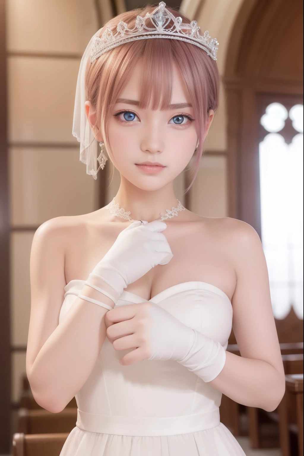ichikanakano, ichika nakano, short hair, bangs, blue eyes, hair between eyes, pink hair, earrings,
BREAK gloves, dress, cleavage, bare shoulders, collarbone, elbow gloves, white gloves, white dress, strapless, tiara, veil, strapless dress, wedding dress, bridal veil,
BREAK indoors, church,
BREAK looking at viewer, BREAK (masterpiece:1.2), best quality, high resolution, unity 8k wallpaper, (illustration:0.8), (beautiful detailed eyes:1.6), extremely detailed face, perfect lighting, extremely detailed CG, (perfect hands, perfect anatomy),