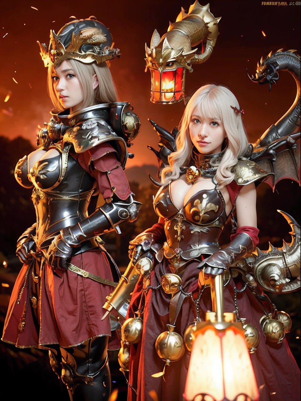 Professional , masterpiece、top-quality、photos realistic , depth of fields 、(Dragon Red Metal Body:1.9),(Mattretto、(cleavage of the breast)、Dragon Gold Weapon、(Red Micro Bikini Armor:1.4),Gorgeous gold weapons ,(( Dragon's dense and gorgeous sword)) , (demonic wings)、((a blond))、(Castle background)、((Gangle's forest background))、Beautiful Caucasian beauty、1a person、dynamic ungle,(((Detailed and ornate dragon helmet)))、Smaller head、A smile、Castle background、Thin and beautiful female hands、cleavage of the breast、Soldier in iron armor on background、Mystical expression、Light Effects、intense fighting、Wind-effect、magic circles、With the legendary magic wand、Dragon's tail、explosions、