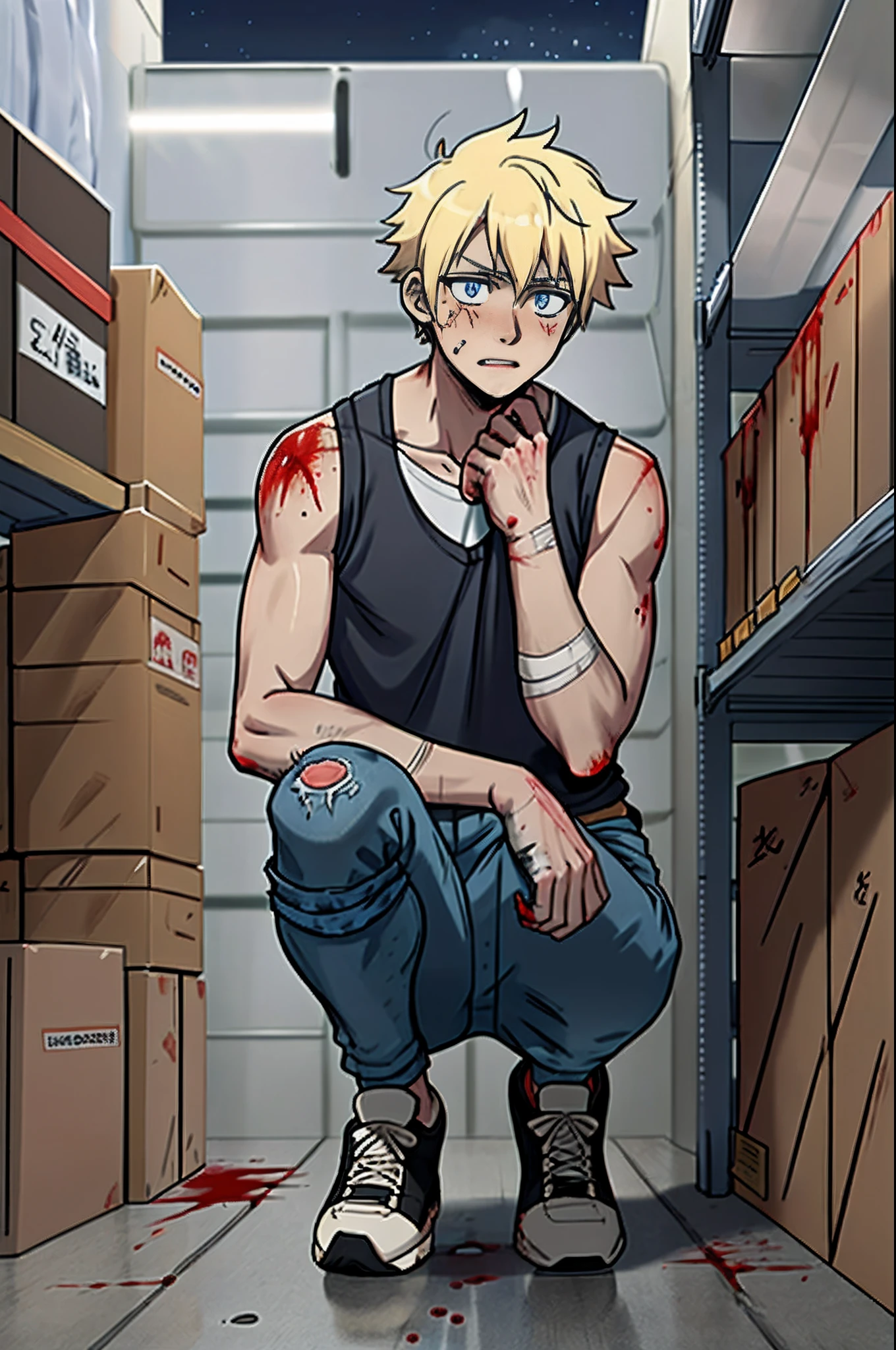 anime, injured scared boy, blond, blue eyes, gray long vest, gray jeans, black sports shoes, blood covered, warehouse, night, very dark