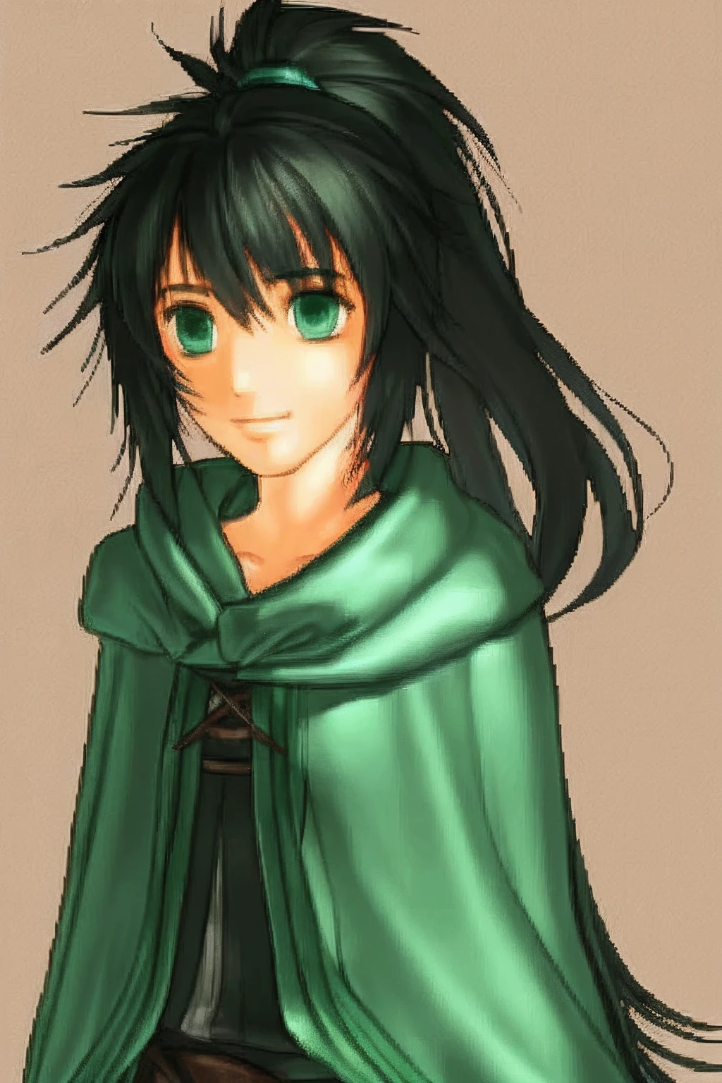 solo focus, (FE10-Style, Halfbody, No Frames:1.1), simple background, facing camera, gentle smile, , Mage, large eyes, bright green eyes, dark green cloak, black hair, small ponytail, messy hair, pretty, shy appearance, boyish, black tunic, arms at sides
