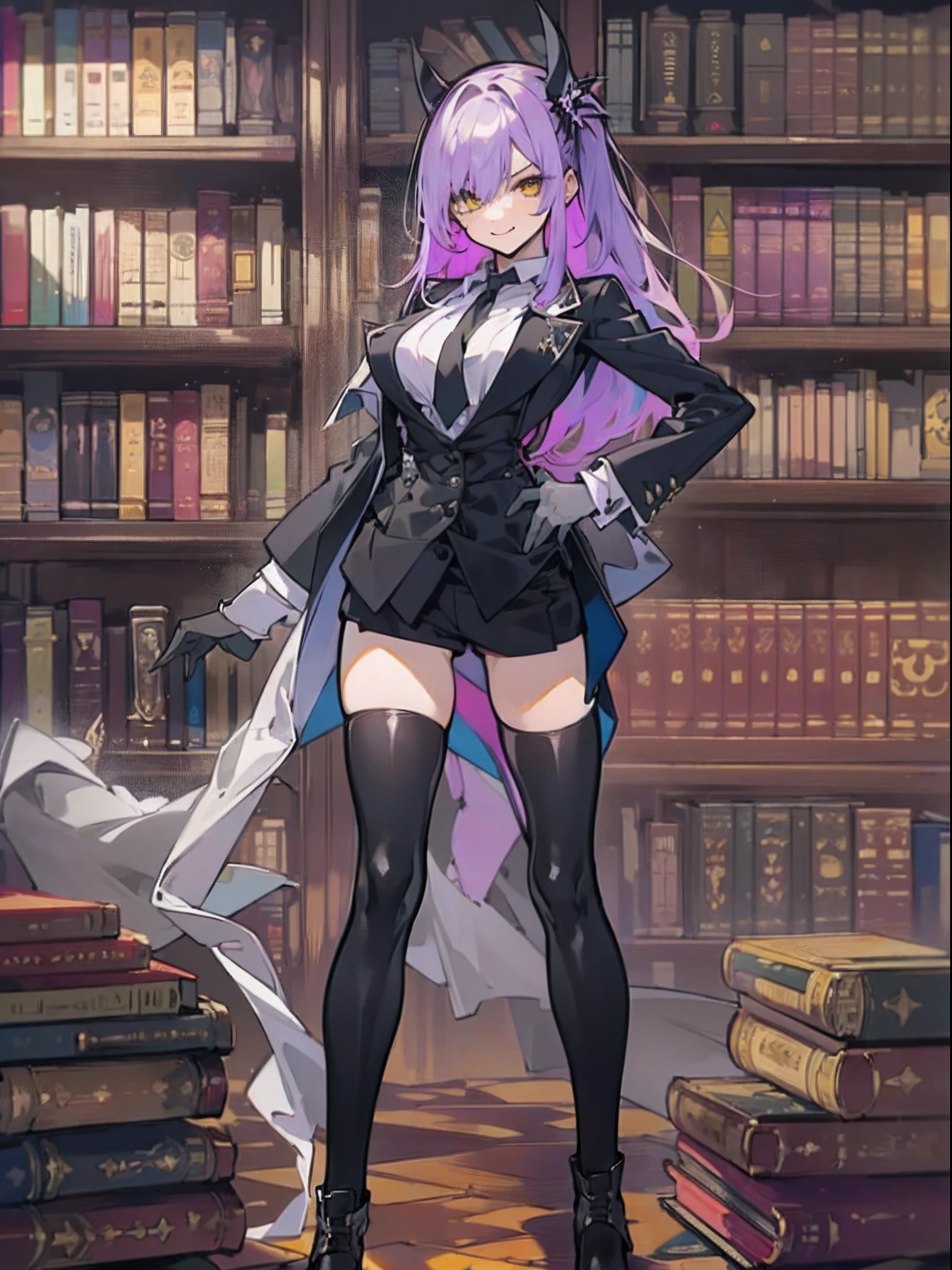 (top-quality、​masterpiece:1.2), 1girl in、Beautiful fece、((Black tailcoat、white  shirt、Black tie、purple vest、Black pantsuit、an eye patch、Black leather gloves、Leather boots)), One hand is on his hip, long light purple hair、Yellow eyes, poneyTail, Colossal tits, thighs thighs thighs thighs, ((old library, bookcase)), ((Vicious look、Vulgar smile)),elegent、enticing、A sexy、Beautiful and well-groomed face、beautidful eyes、beautiful hairl、slick skin、Beautiful mouth、smooth legs、Balanced body、