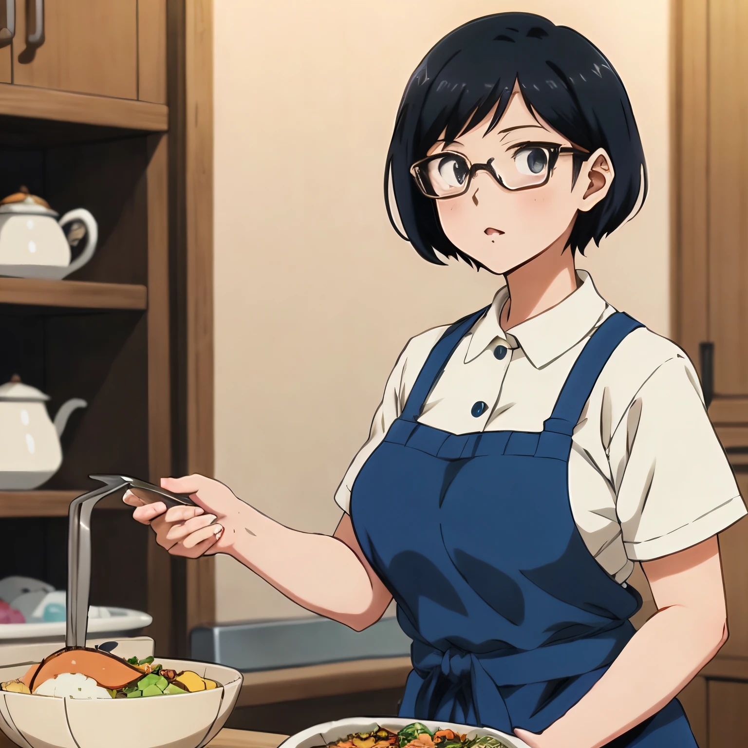 Anime girl in blue apron holding spoon and bowl of food, anime moe art style, nagatoro, hyuga hyuga, offcial art, yayoi kasuma, fubuki, Marin Kitagawa fanart, Shouko Nishimiya, official anime still, anime still frame, Cooking, anime visual of a cute girl, shirobako