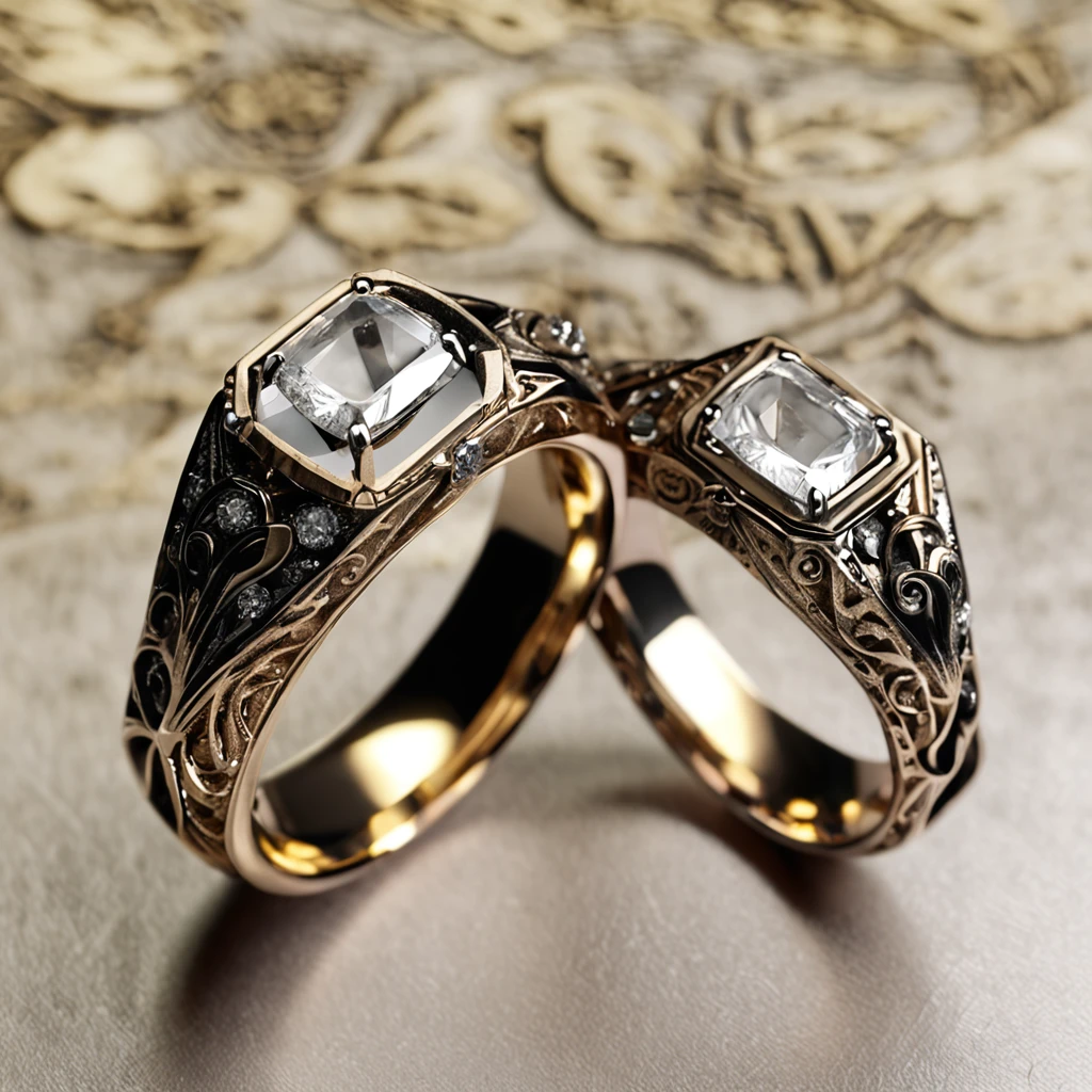 (Couple rings,A couple's ring,Two similar rings,inside a traditional Chinese wooden carving jewelry box:1.2),(Wedding Rings art design,Detailed jewelry design,Art Nouveau,Kinetic art,Contemporary art:1.45),(Berlin black iron jewelry in a victorian gothic style,Meticulously carved diamonds, gold threads and jade bands,hollowed out plant shaped metal carvings,intricate,ironwork,handmade,A romantic engagement ring with a pear-shaped diamond center stone,set in a rose gold band. the band is adorned with diamonds along the edges,adding a feminine touch to the design,the image has a soft, dreamy vibe and is suitable for use in a facebook ad for engagement rings:1.2),