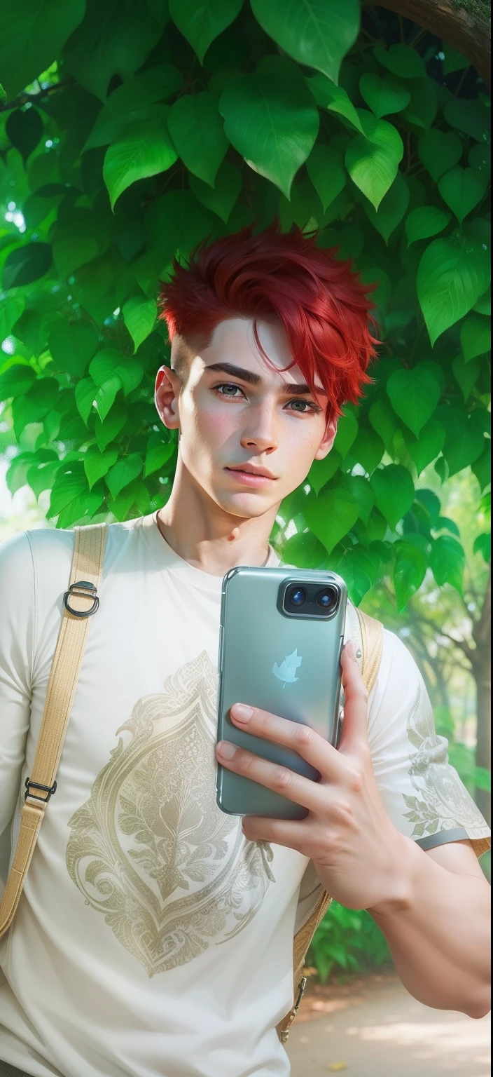 Boy with Phone futuristic leaf background realistic face, Red Hair ultra high quality HD