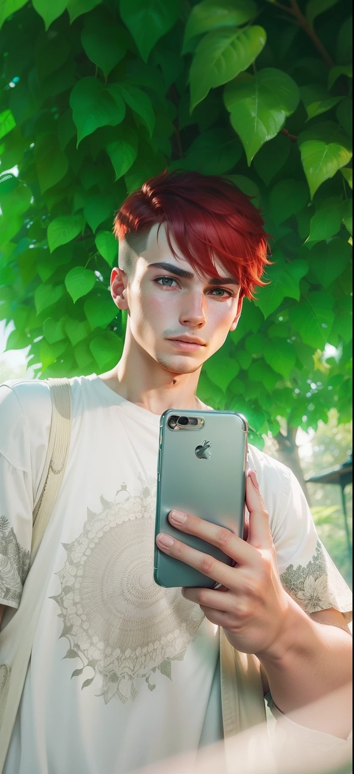 Boy with Phone futuristic leaf background realistic face, Red Hair ultra high quality HD