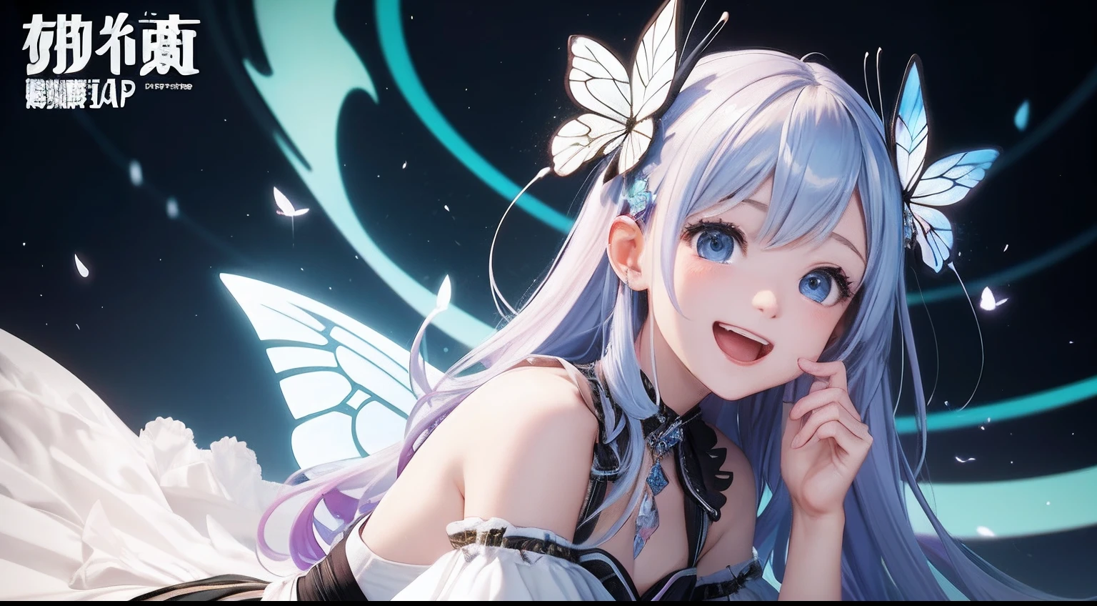 Octane Render、nffsw、(Hyper-detailing: 1.15)、(Soft light、sharp: 1.2)、songstress、full body Esbian、ultradetailed eyes、Full Paint、Splash、(Floral hair ornament、butterfly hair ornament)、 masutepiece、Anatomically correct、There is a mini tar in the background、Black and white video is playing.、Children's laughing face appears on the screen