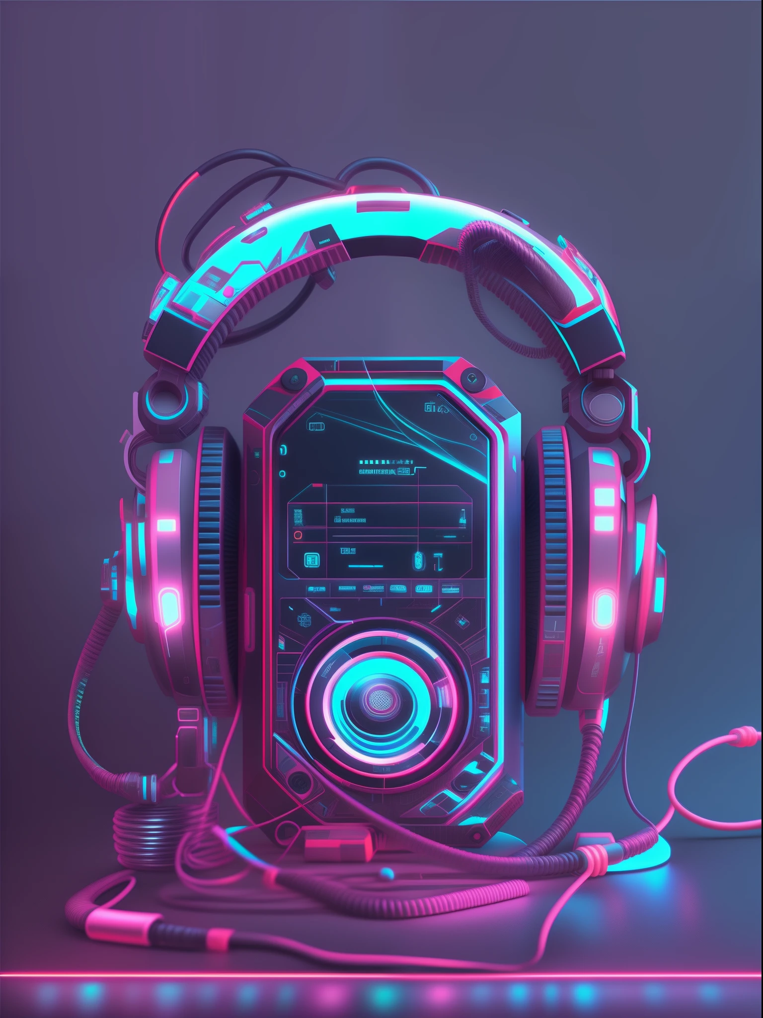 Objeto fone Hadset futurista, estilo cyberpunk, adornado de tinta e neon, estilo de imagem vetorial para estampa de camisetas, fundo branco, imagem 4k realista, render, ray tracing