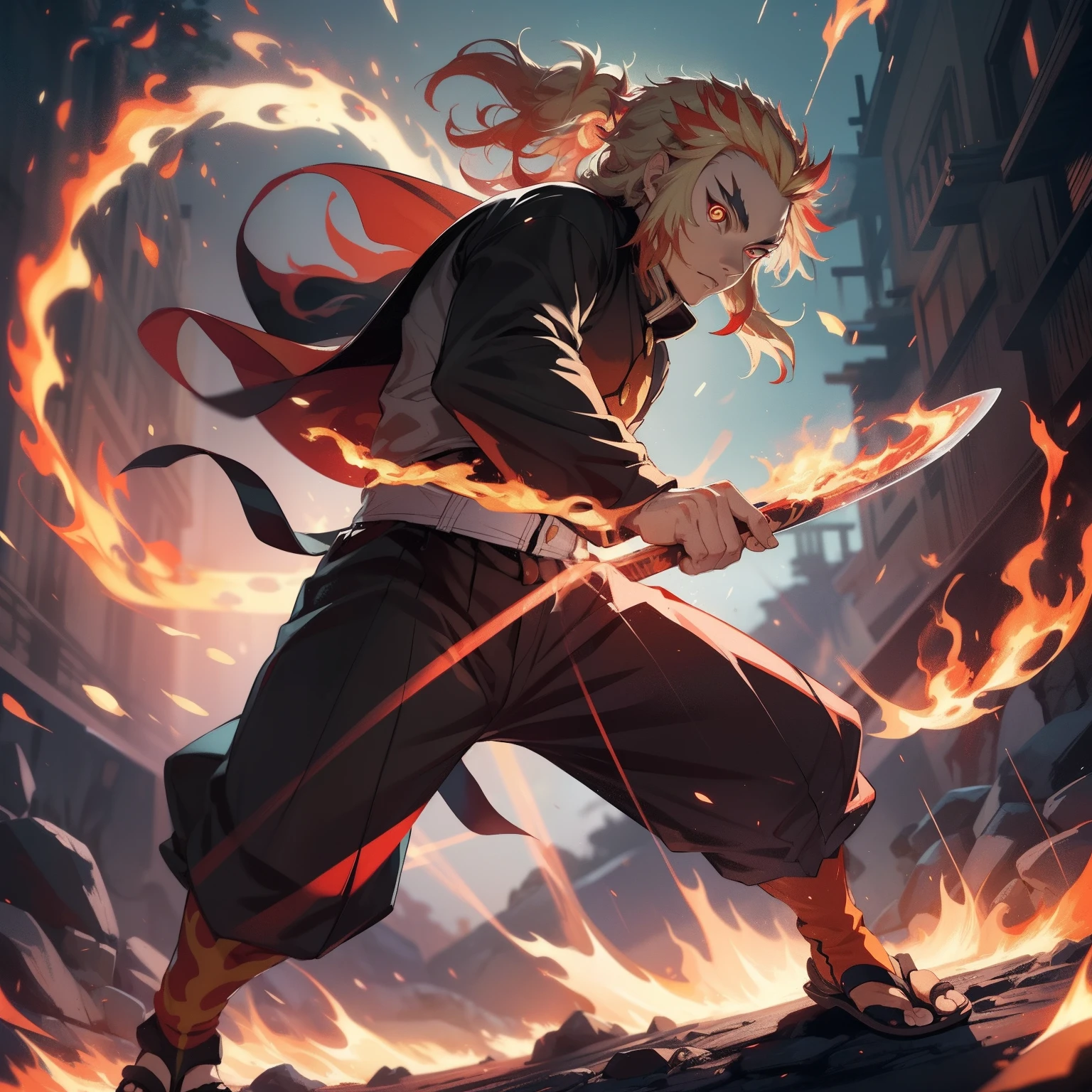 (extremely realistic, high definition character design), Rengoku Kyojuro standing in Sage Of Six Path Mode(Naruto), majestic and powerful,(red glowing eyes:1.2), flames engulfing his body, dynamic pose, standing on a burning battlefield, intense light and shadow contrast, high saturation colors, vivid and impactful.