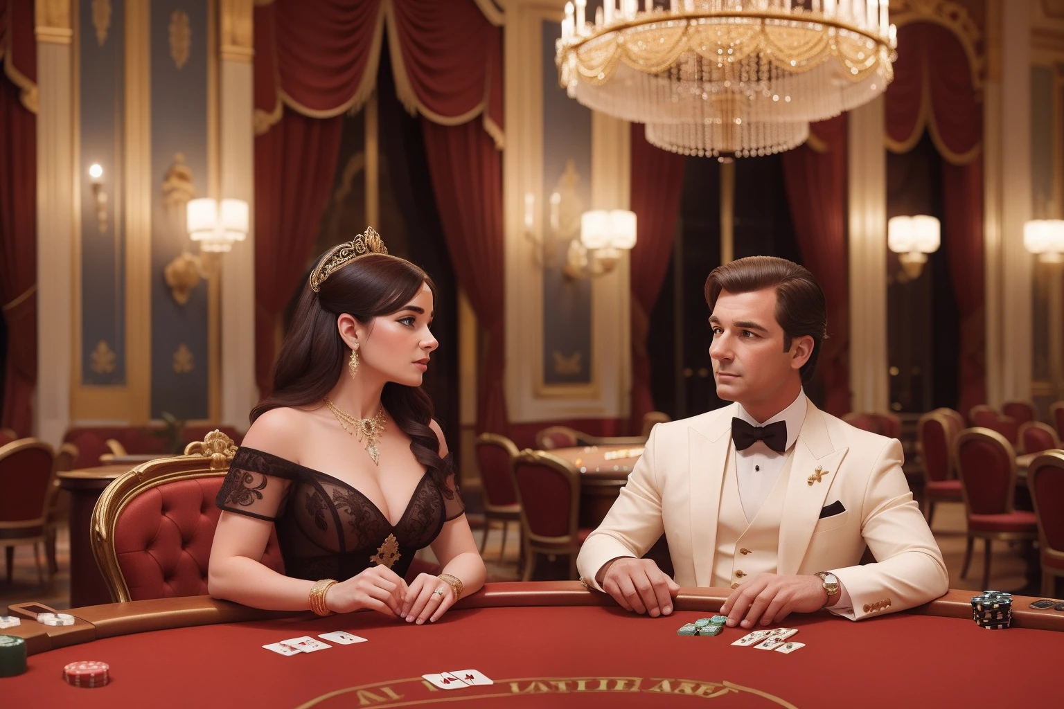 Year: 2018
Country: Monaco
Description: In the opulent Casino de Monte-Carlo, an upper-middle-class couple engages in an intense game of blackjack. The lavish surroundings are bathed in a warm, luminous light, emphasizing the intricate details of the ornate decor. The couple's pastel attire contrasts with the grandeur of the casino as they place their bets with cinematic flair.